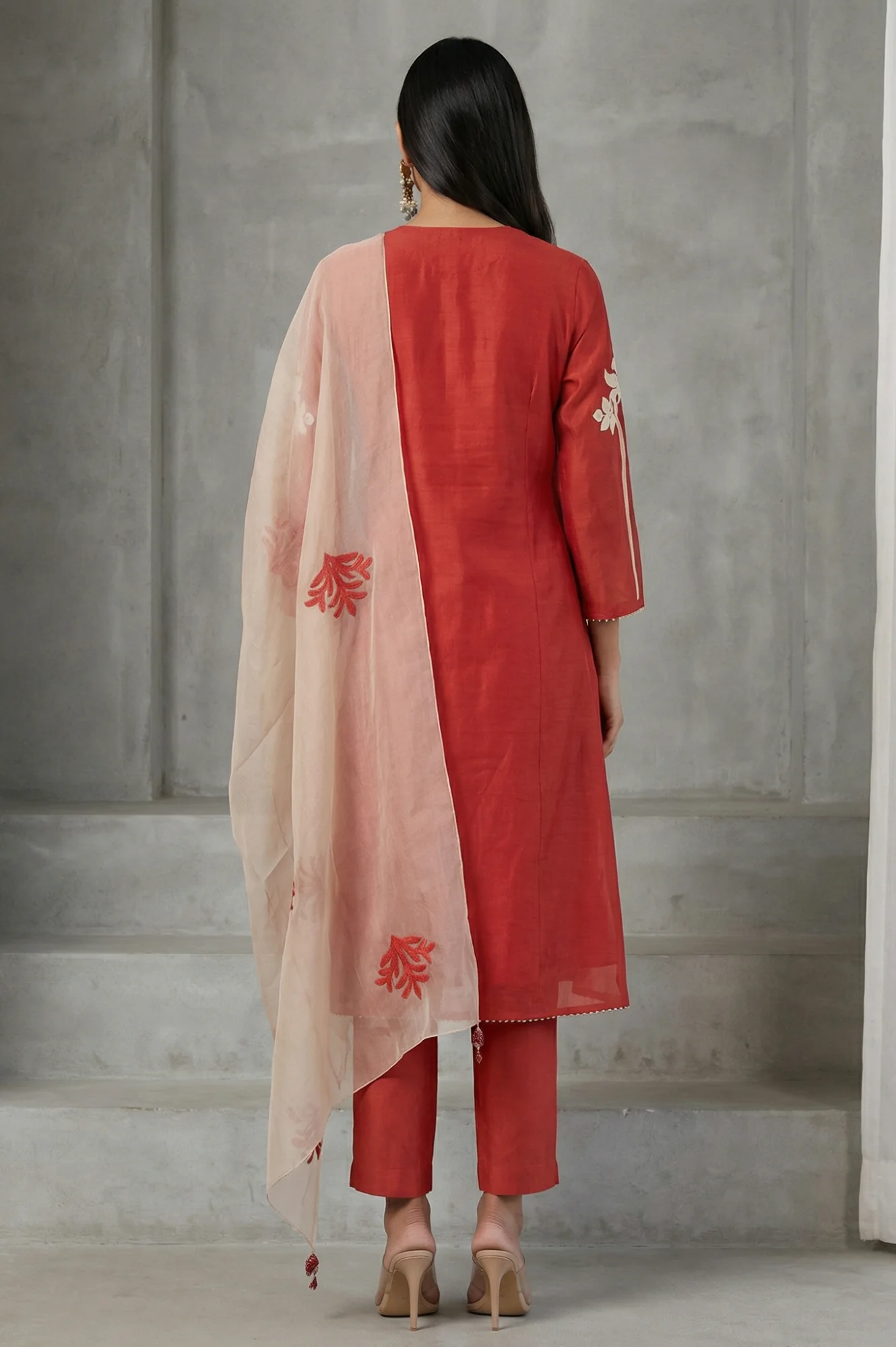 Rust Thread Embroidered Cotton Blend Straight Kurta with Straight Pants and Dupatta Set - Image 5