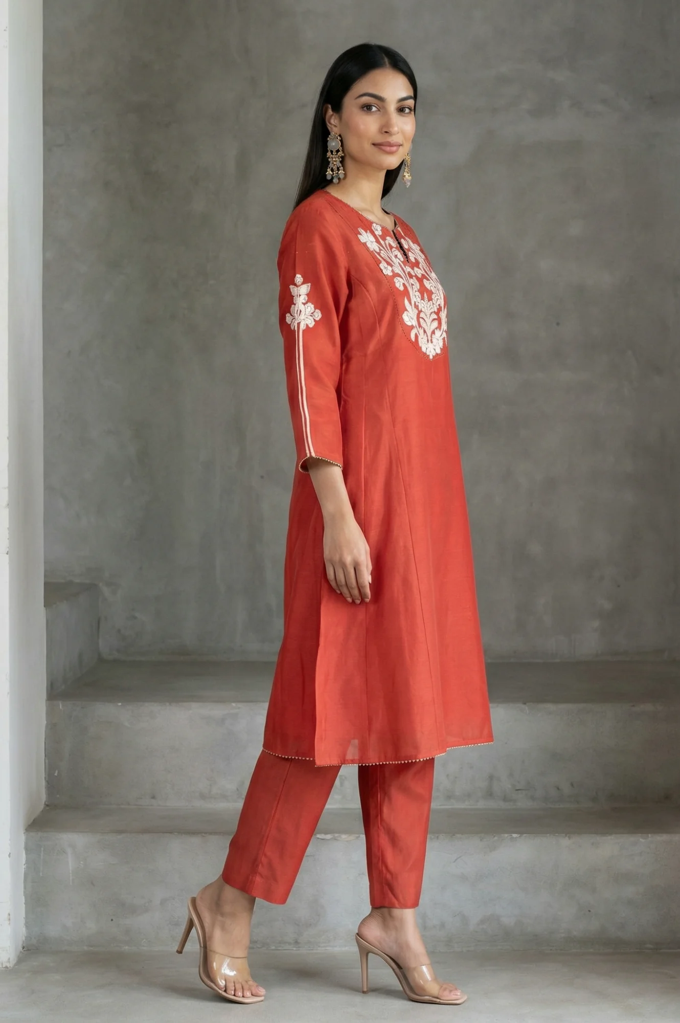 Rust Thread Embroidered Cotton Blend Straight Kurta with Straight Pants and Dupatta Set - Image 6