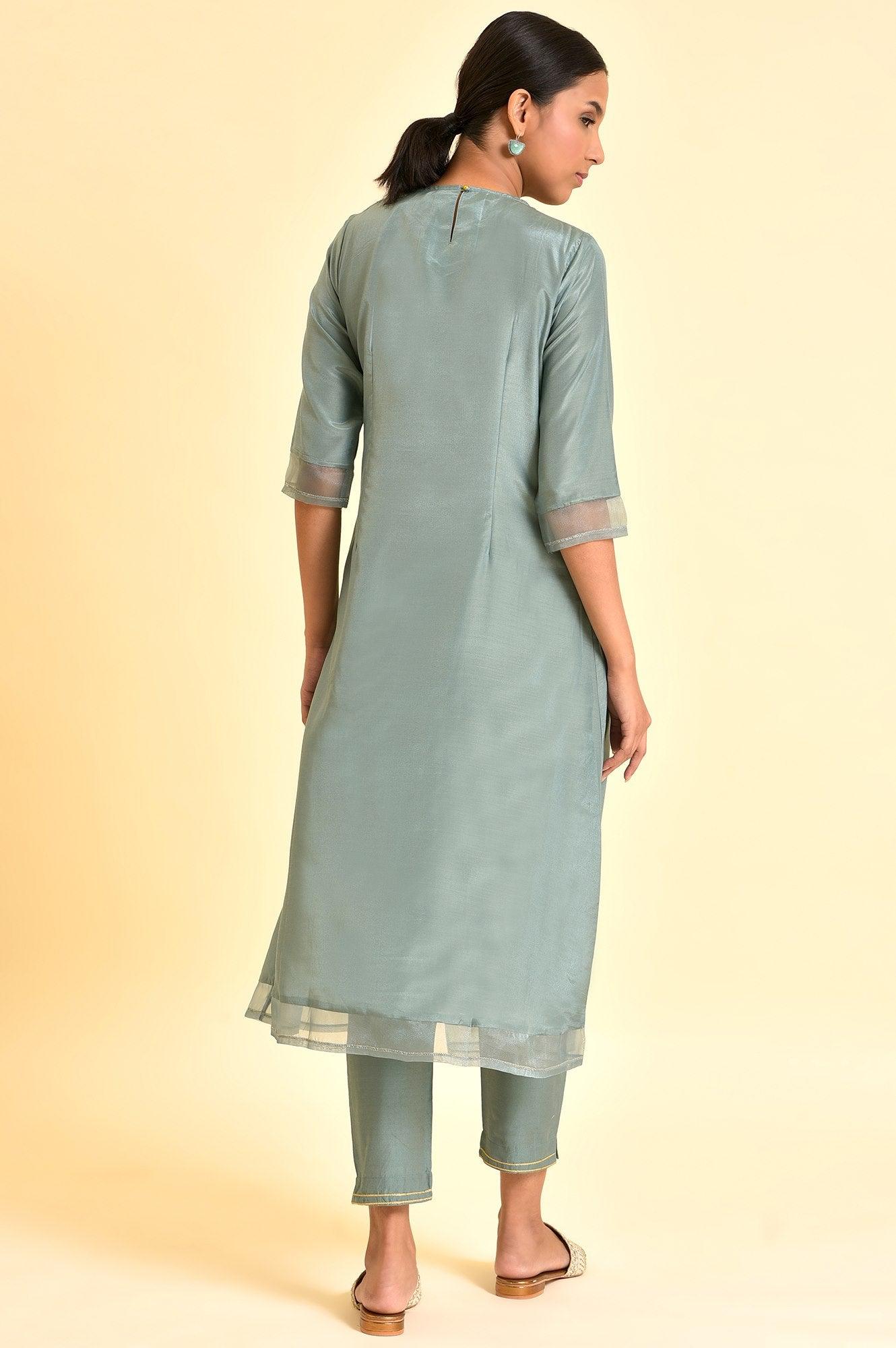 Sage Green Angrakha Kurta And Pants Set - Image 3
