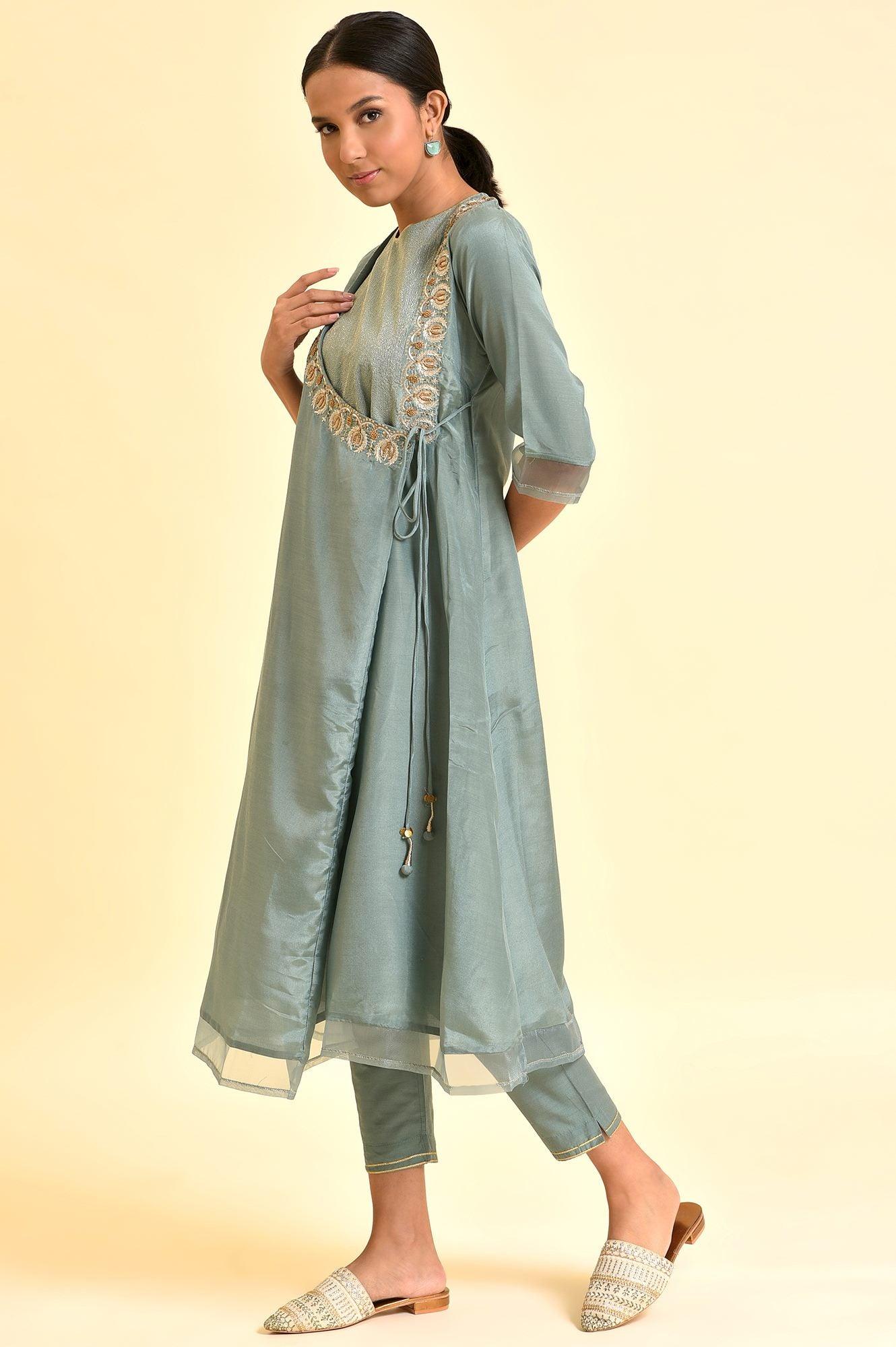 Sage Green Angrakha Kurta And Pants Set - Image 4