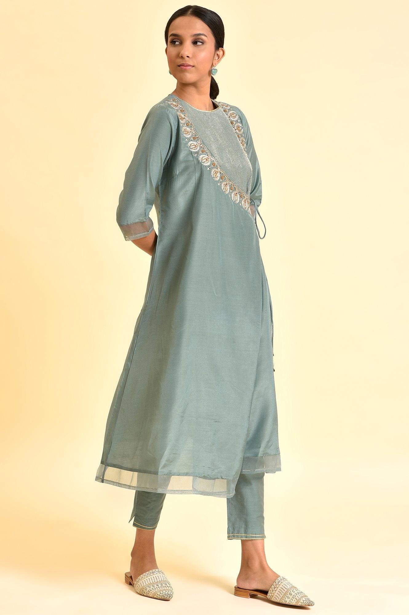 Sage Green Angrakha Kurta And Pants Set - Image 5