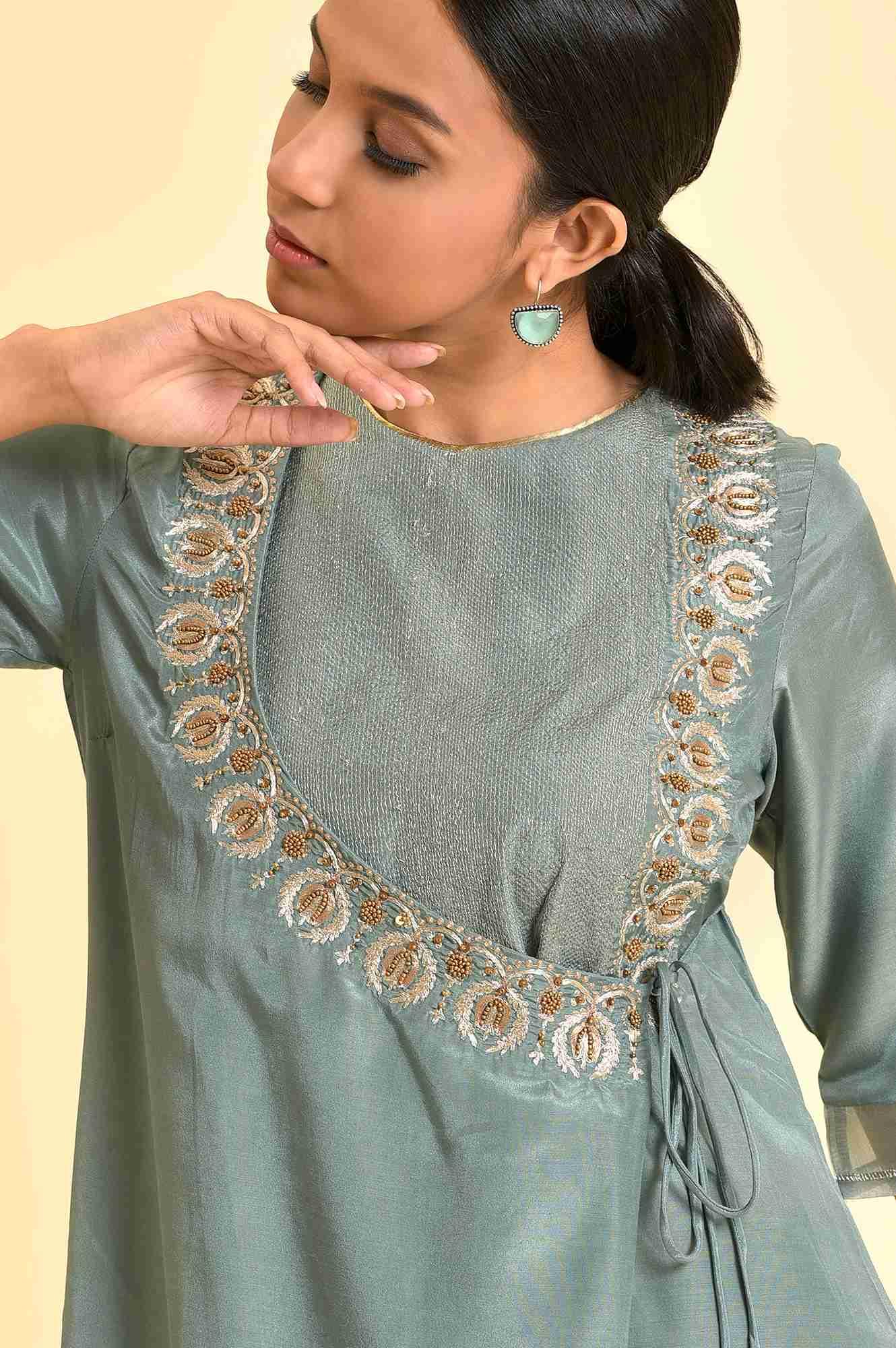 Sage Green Angrakha Kurta And Pants Set - Image 6