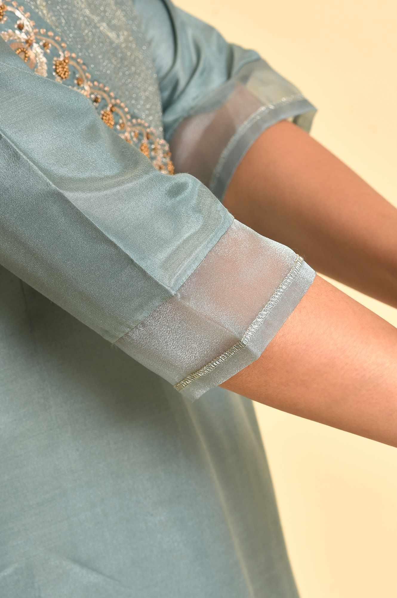 Sage Green Angrakha Kurta And Pants Set - Image 7
