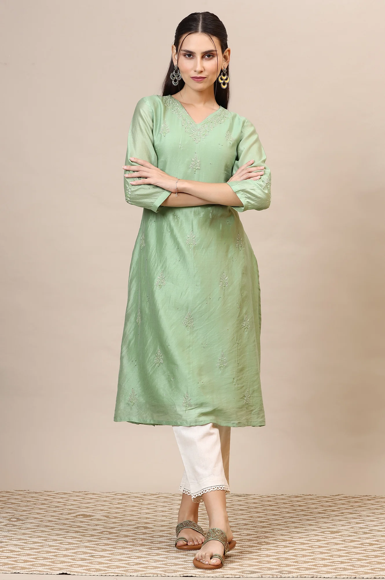 Sage Green Chikankari Kurta In Cotton Silk - Image 2