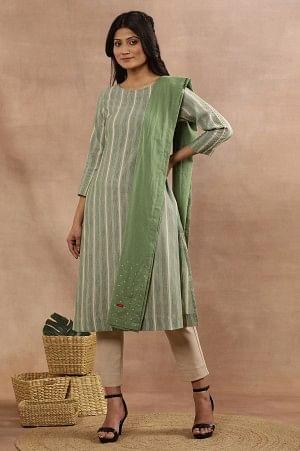 Sage Green Cotton Embroidered Dupatta - Image 3