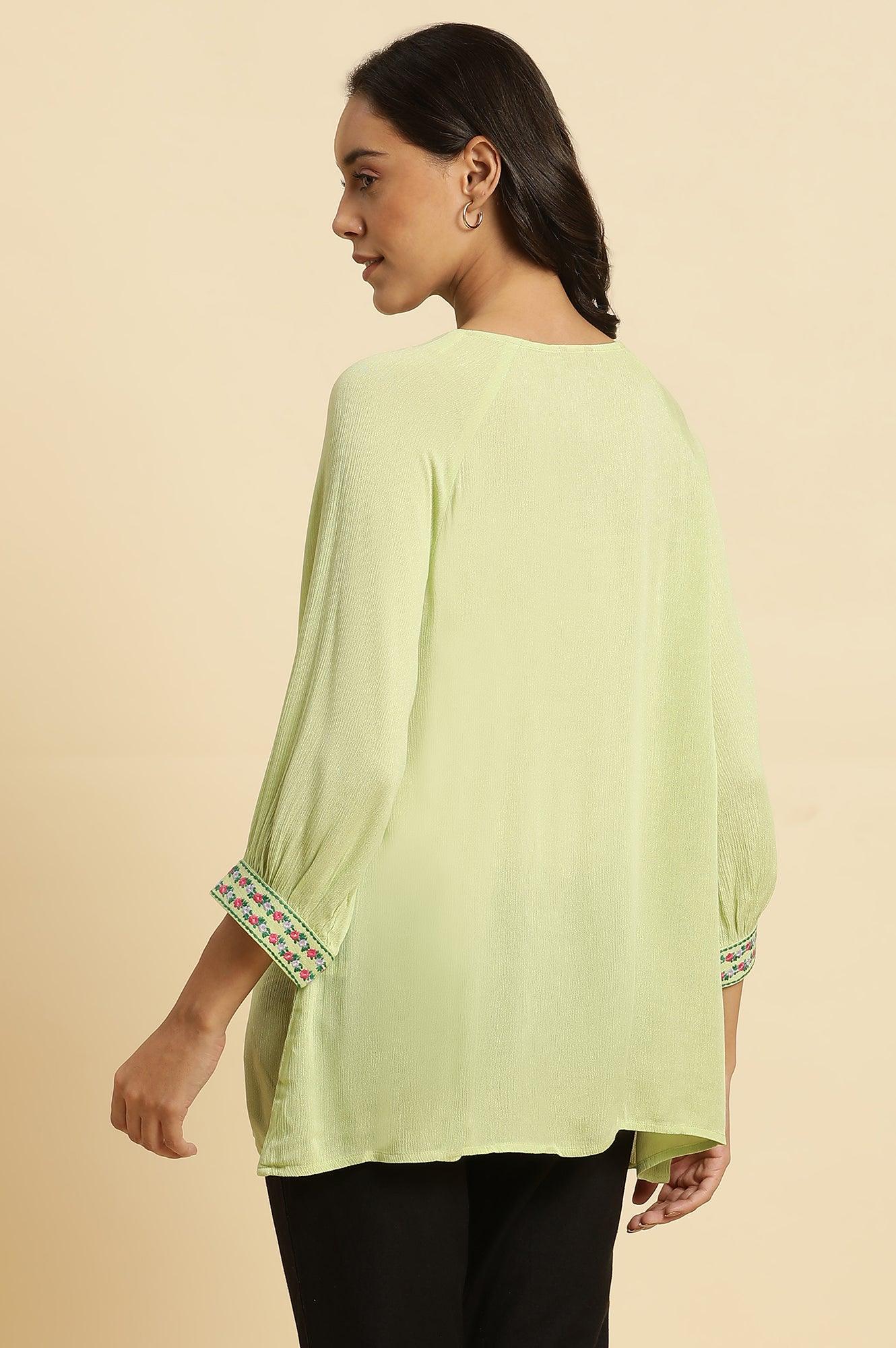 Sage Green Embroidered Yoke Rayon Crepe Straight Top - Image 3