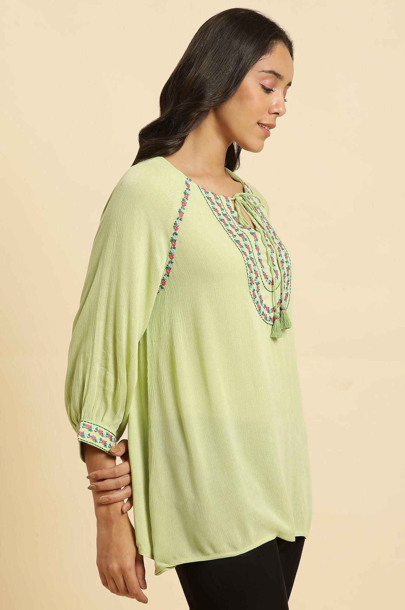 Sage Green Embroidered Yoke Rayon Crepe Straight Top - Image 4