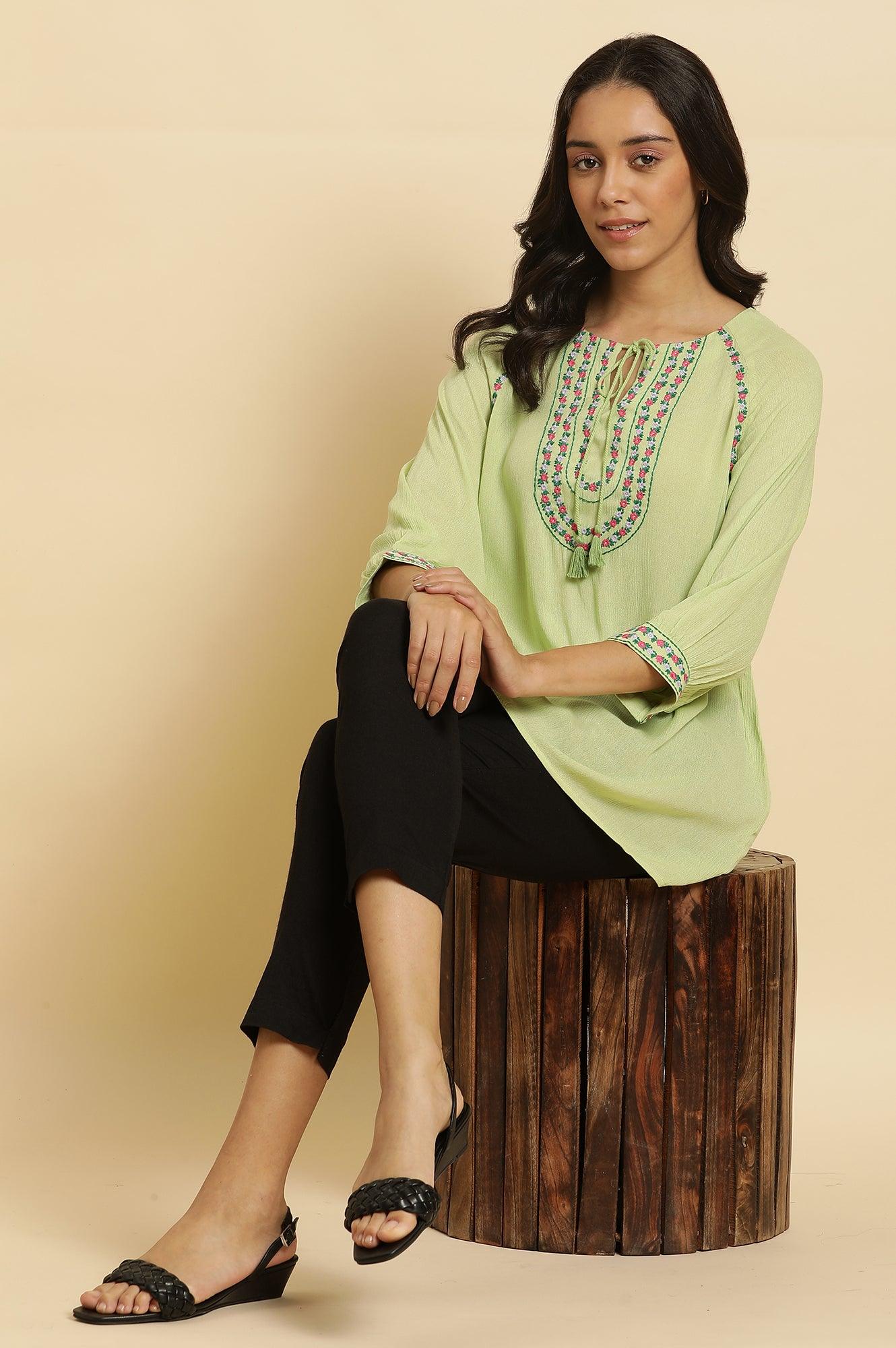 Sage Green Embroidered Yoke Rayon Crepe Straight Top - Image 5
