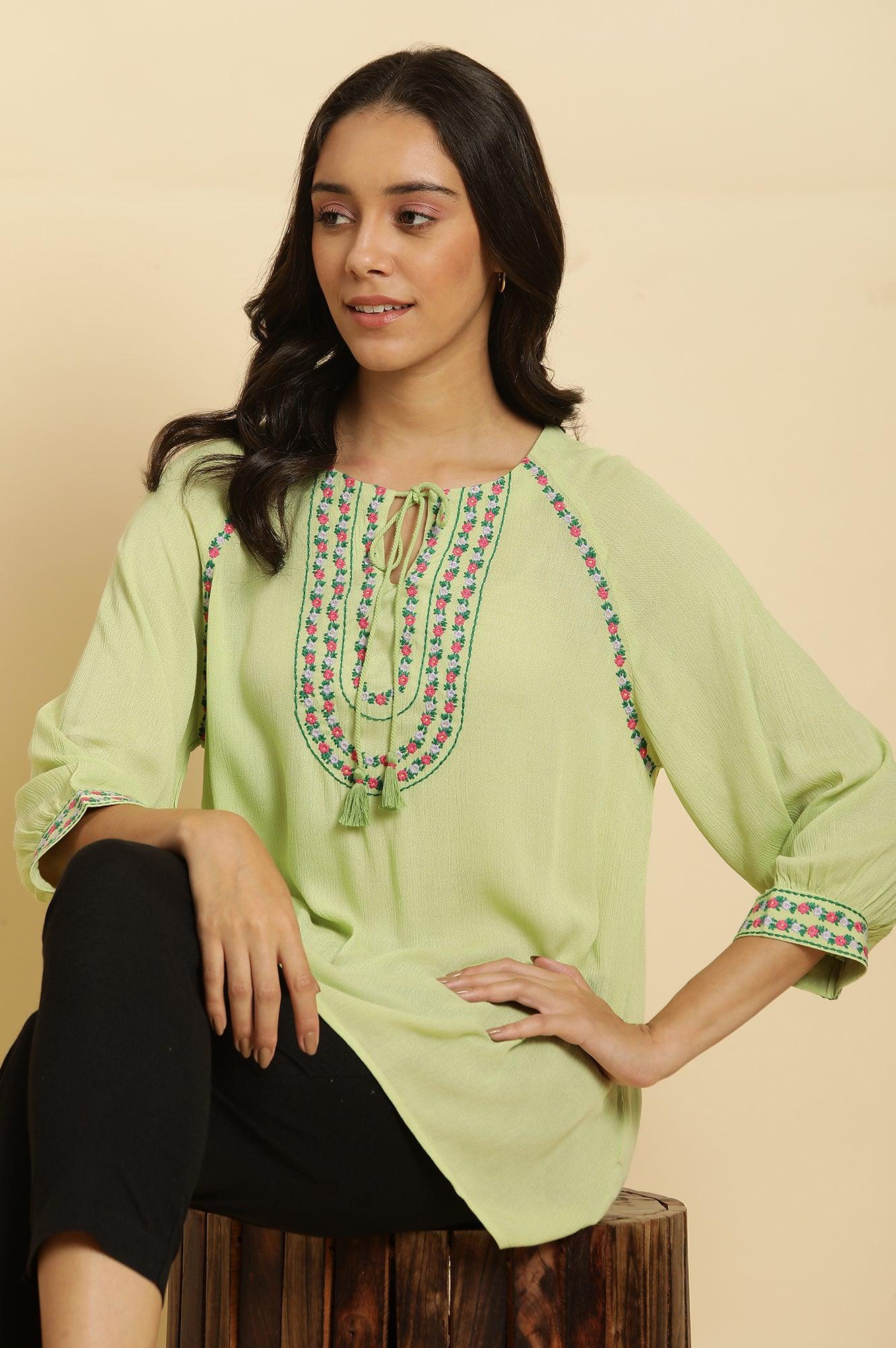 Sage Green Embroidered Yoke Rayon Crepe Straight Top - Image 6