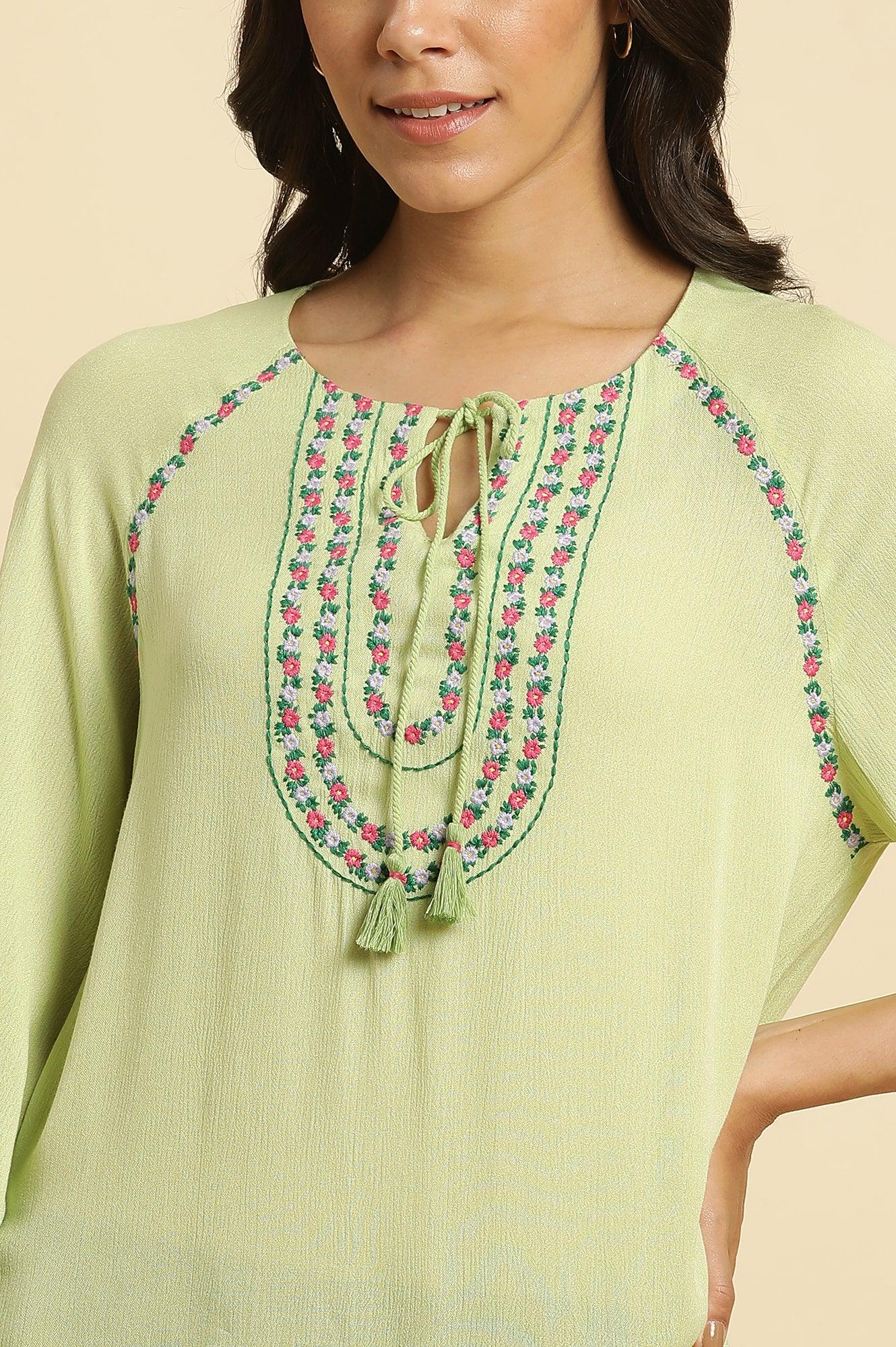 Sage Green Embroidered Yoke Rayon Crepe Straight Top - Image 7