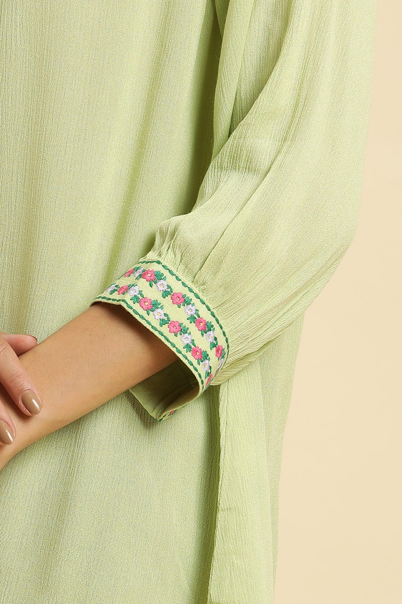 Sage Green Embroidered Yoke Rayon Crepe Straight Top - Image 8