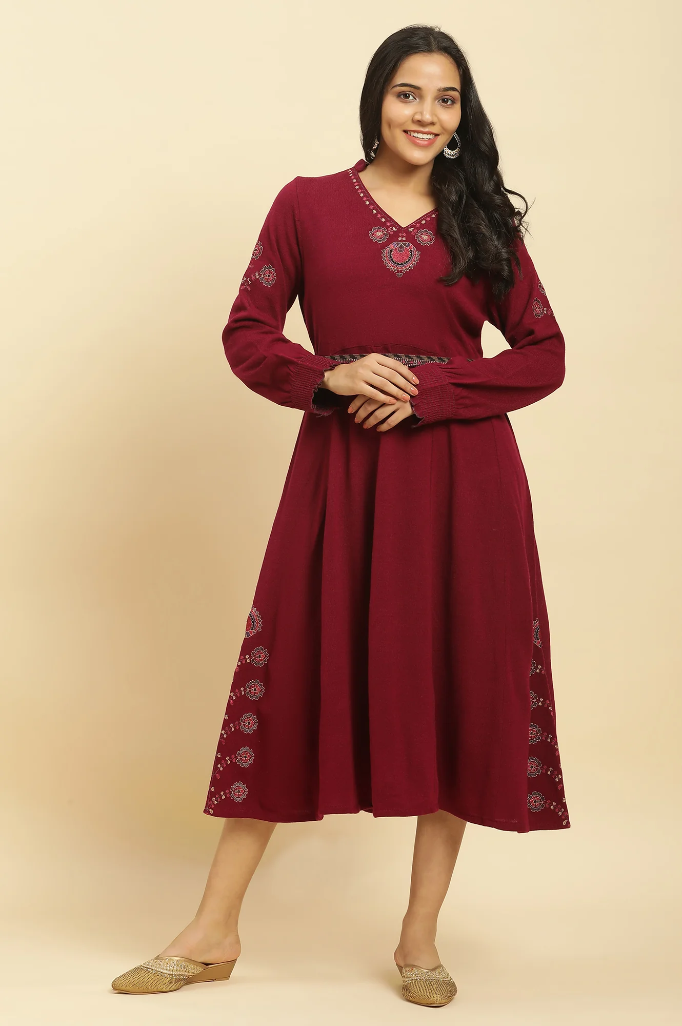 Sangaria Pink Embroidered Winter Dress With Belt - Image 2