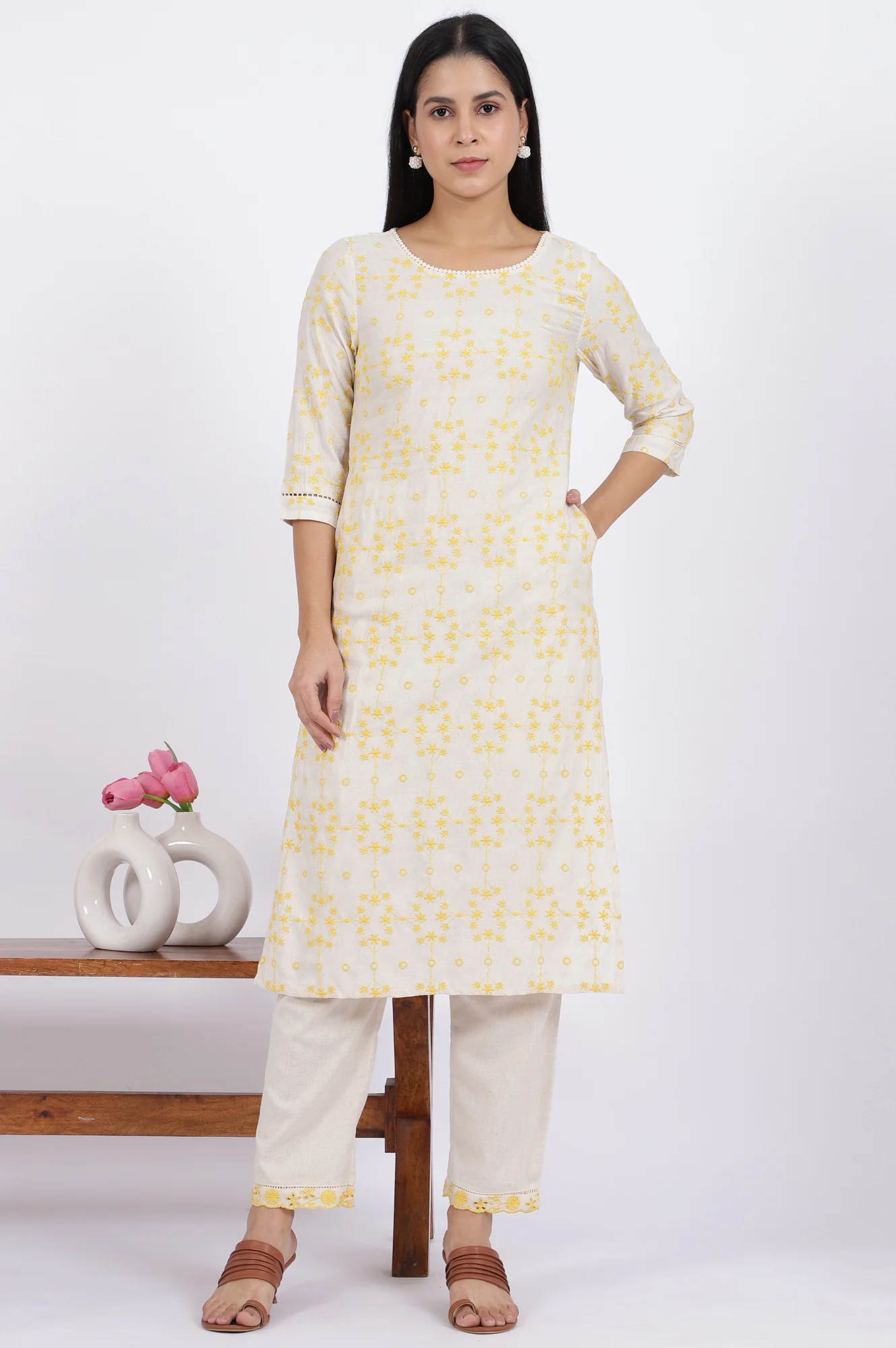 Beige Schiffli Embroidered Straight Rayon Flax Kurta - Image 2