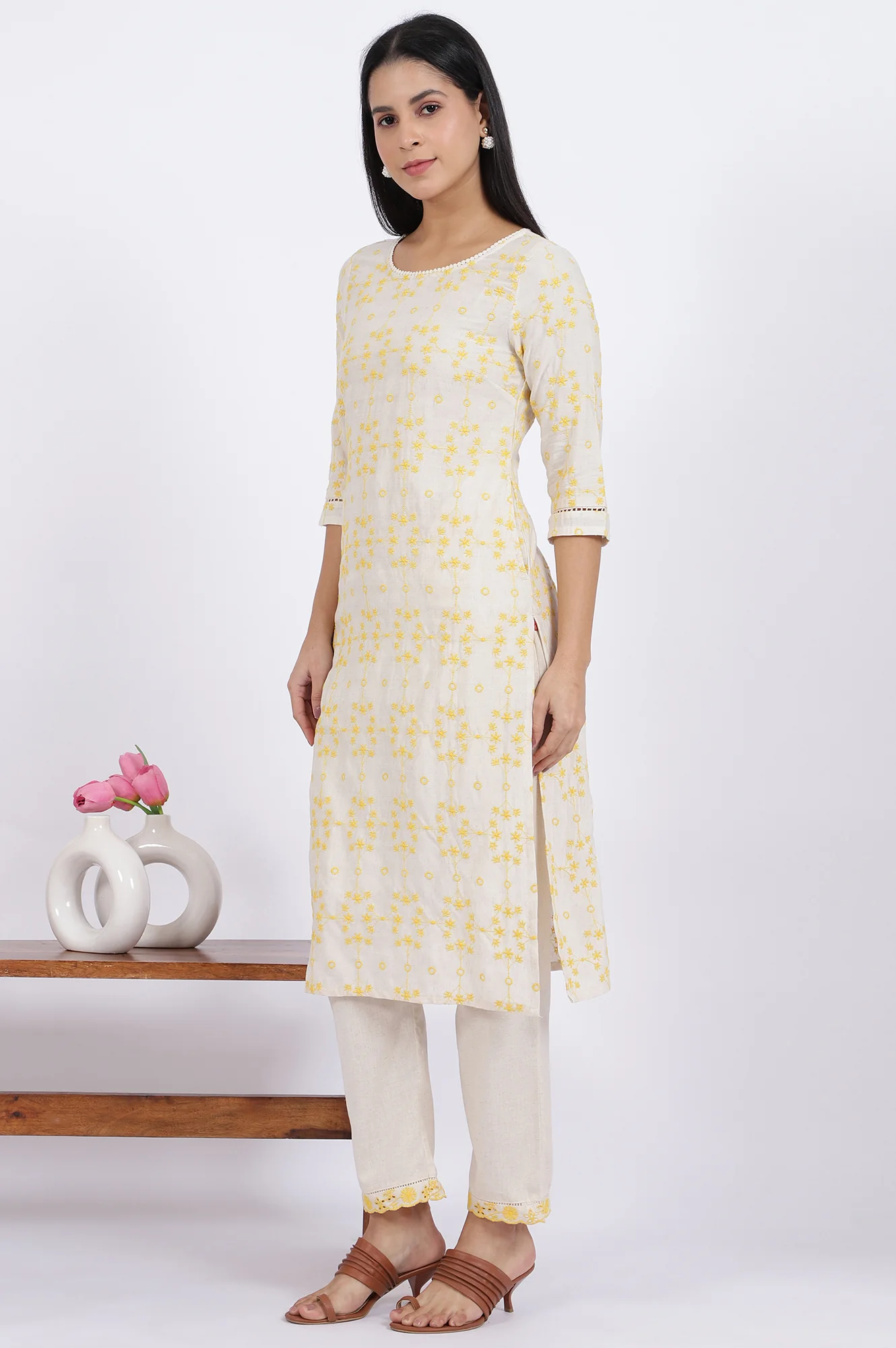 Beige Schiffli Embroidered Straight Rayon Flax Kurta - Image 5