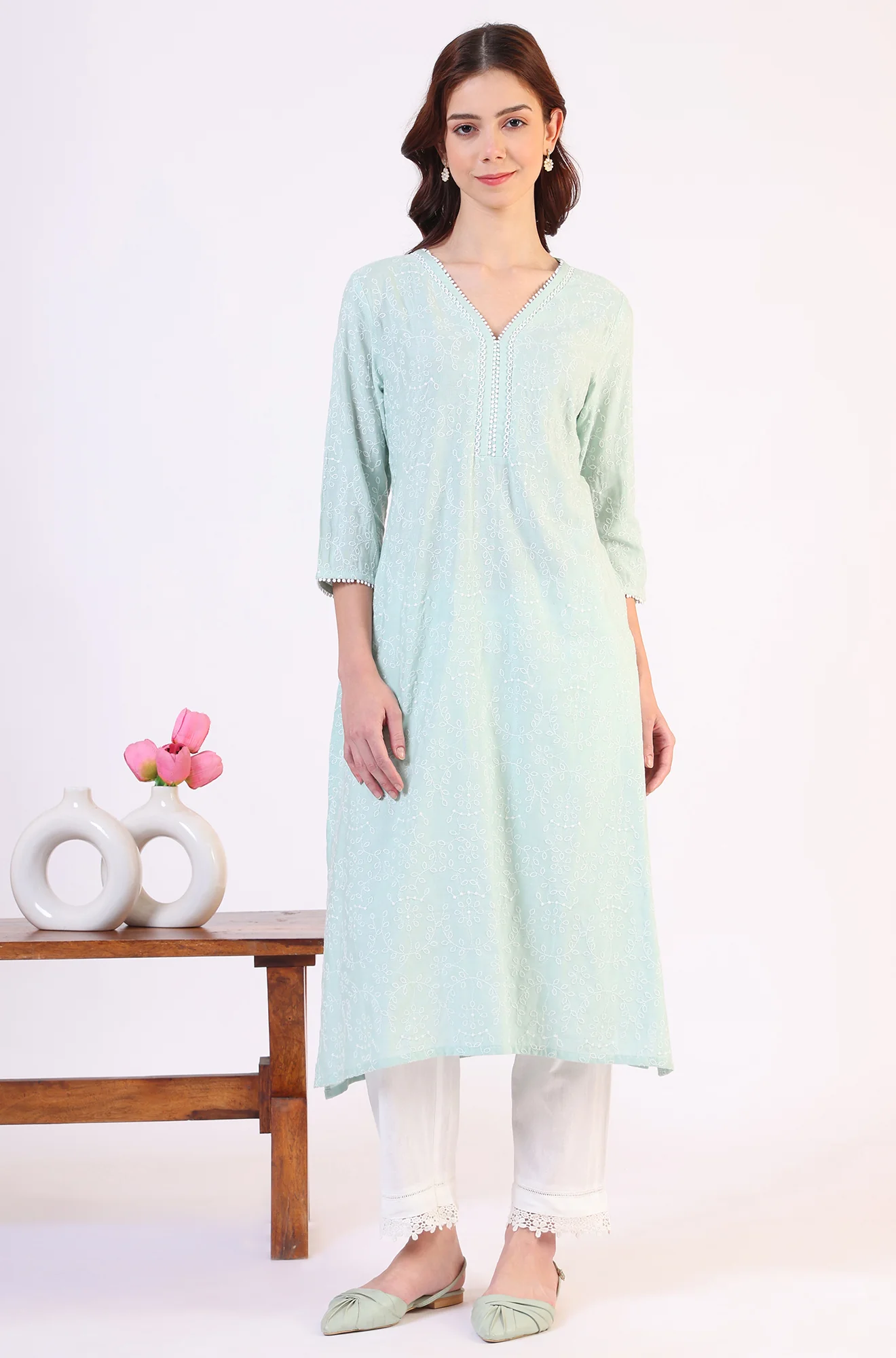Blue Schiffli Embroidered Straight Rayon Kurta - Image 2