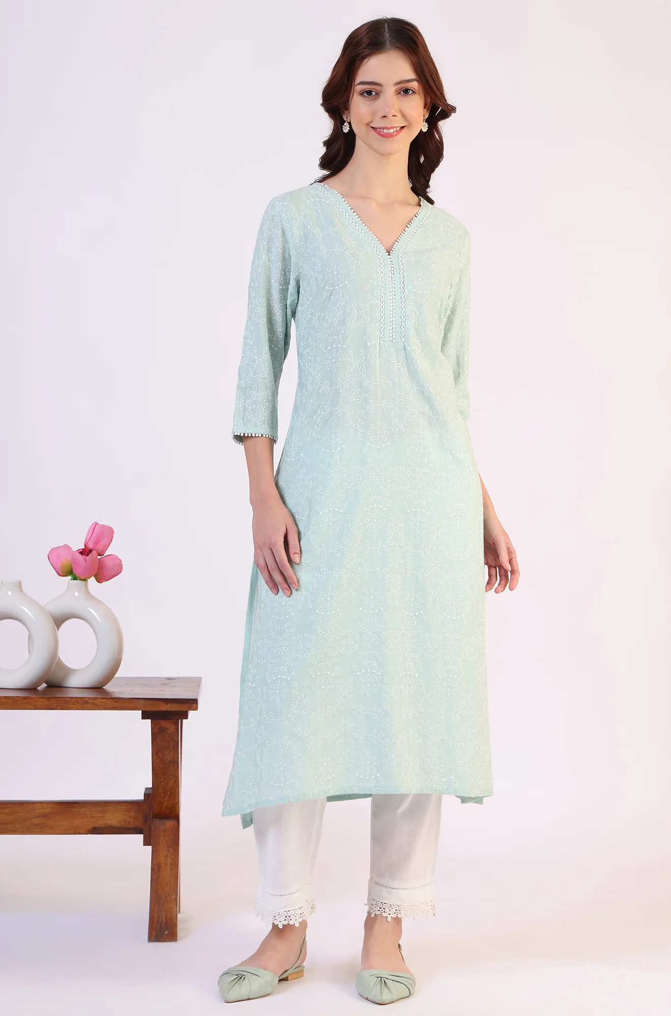 Blue Schiffli Embroidered Straight Rayon Kurta - Image 3