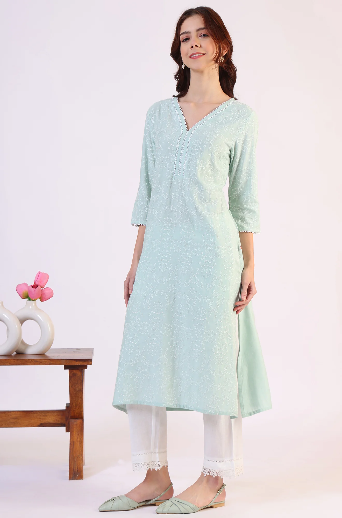 Blue Schiffli Embroidered Straight Rayon Kurta - Image 5