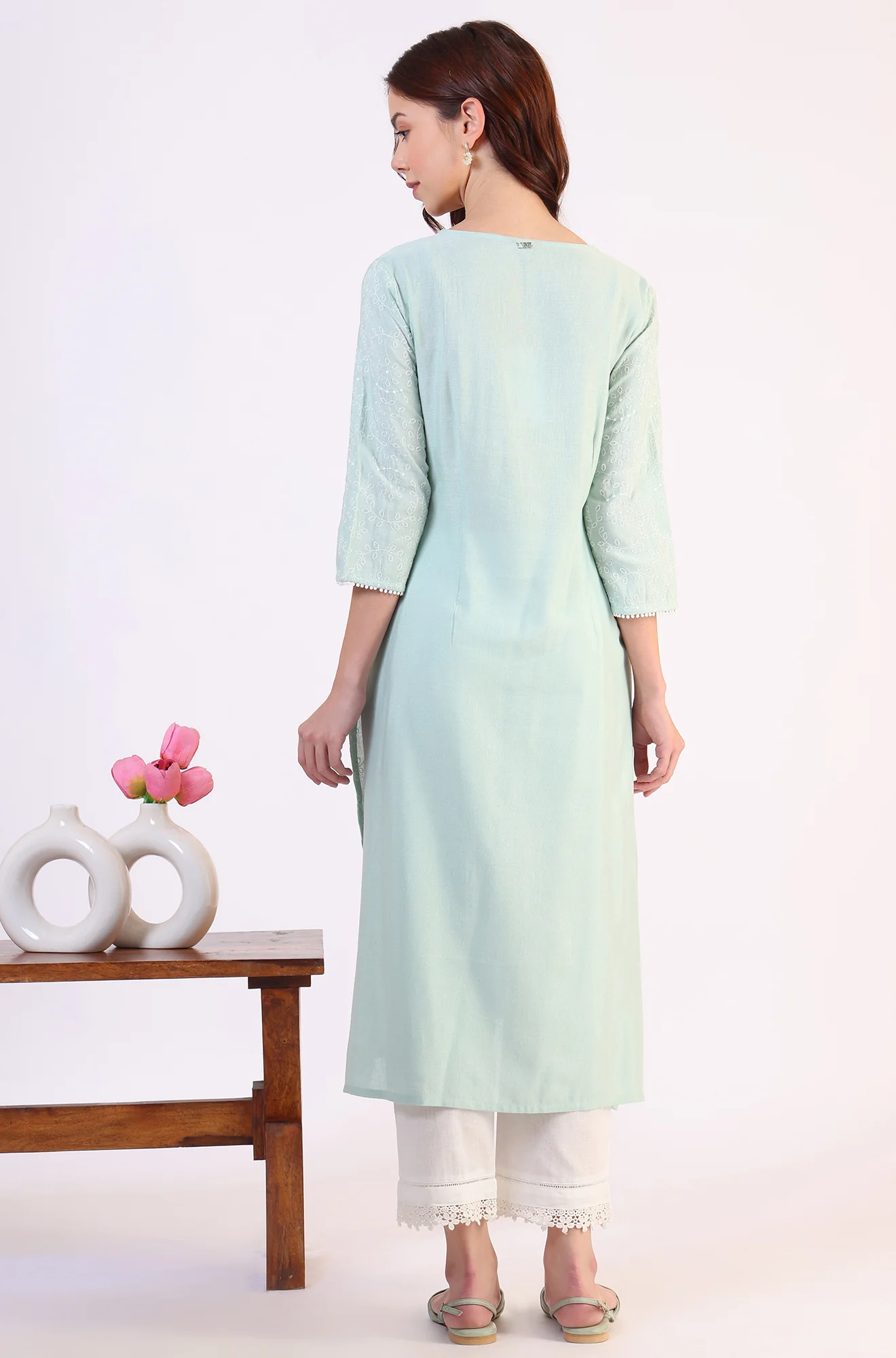 Blue Schiffli Embroidered Straight Rayon Kurta - Image 6