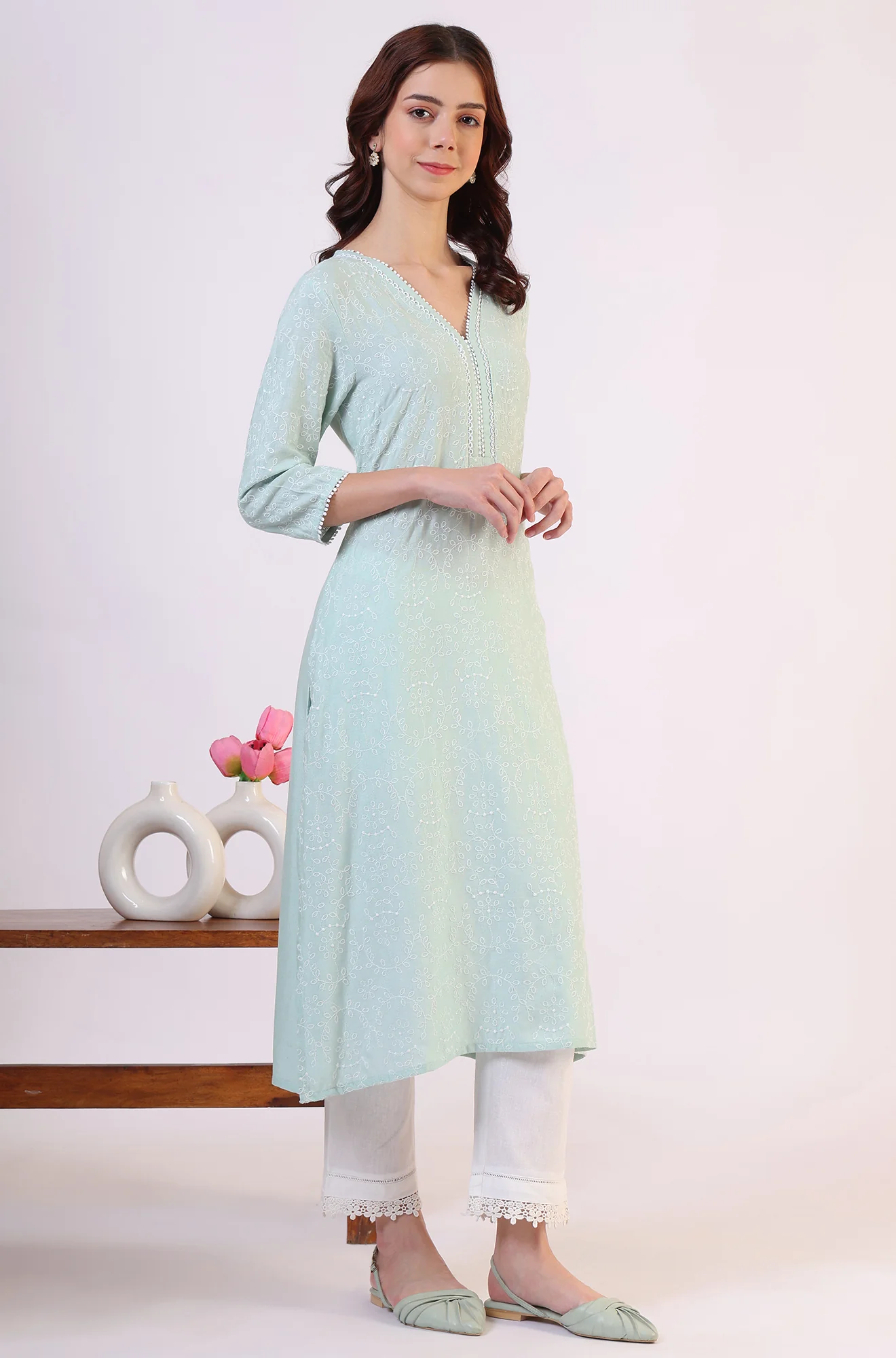 Blue Schiffli Embroidered Straight Rayon Kurta - Image 7