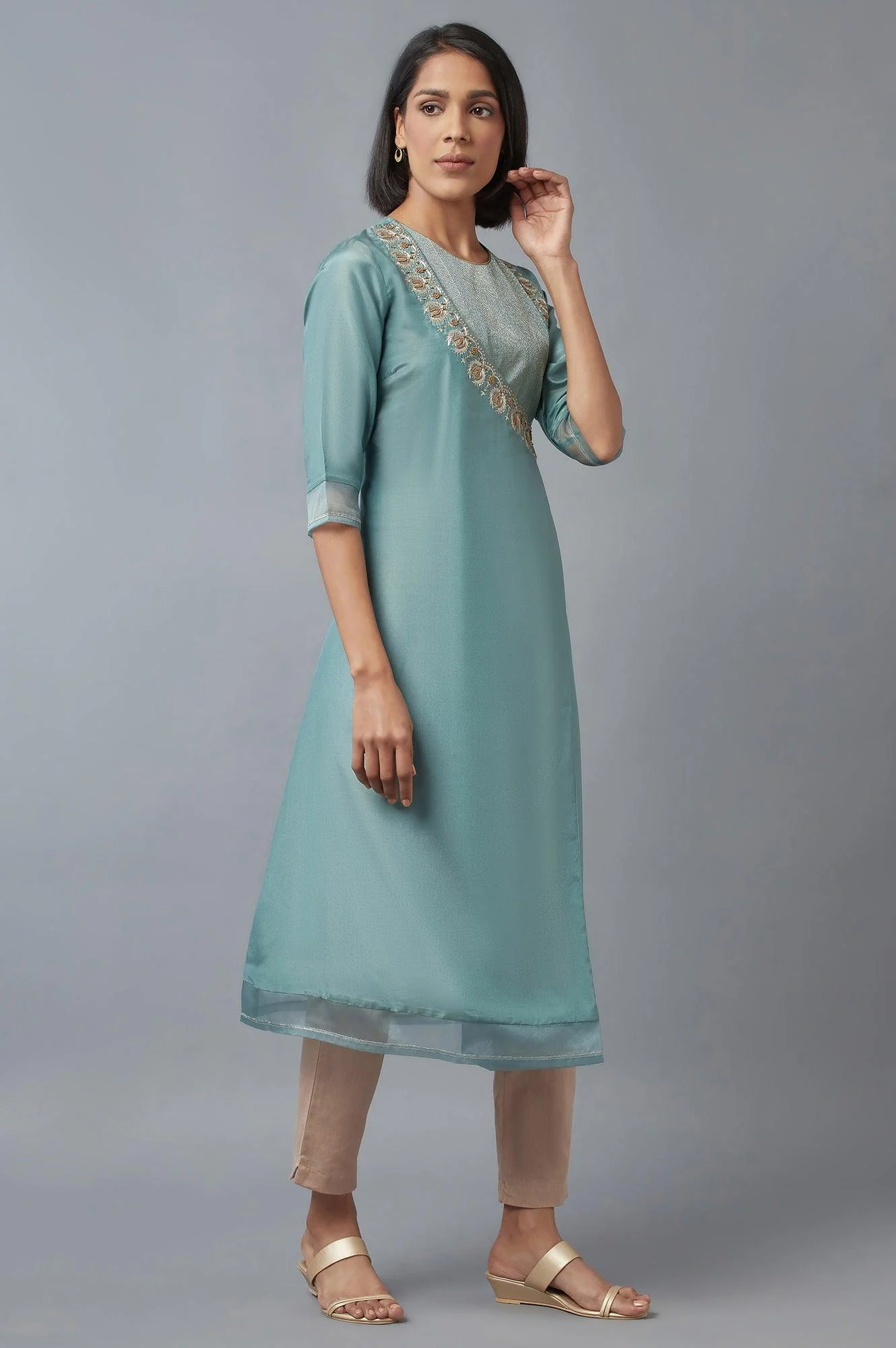 Sea Green Cotton Angrakha Kurta for Women - Image 4