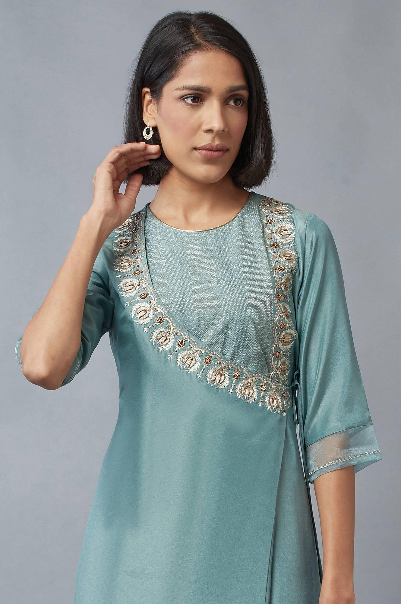 Sea Green Cotton Angrakha Kurta for Women - Image 5