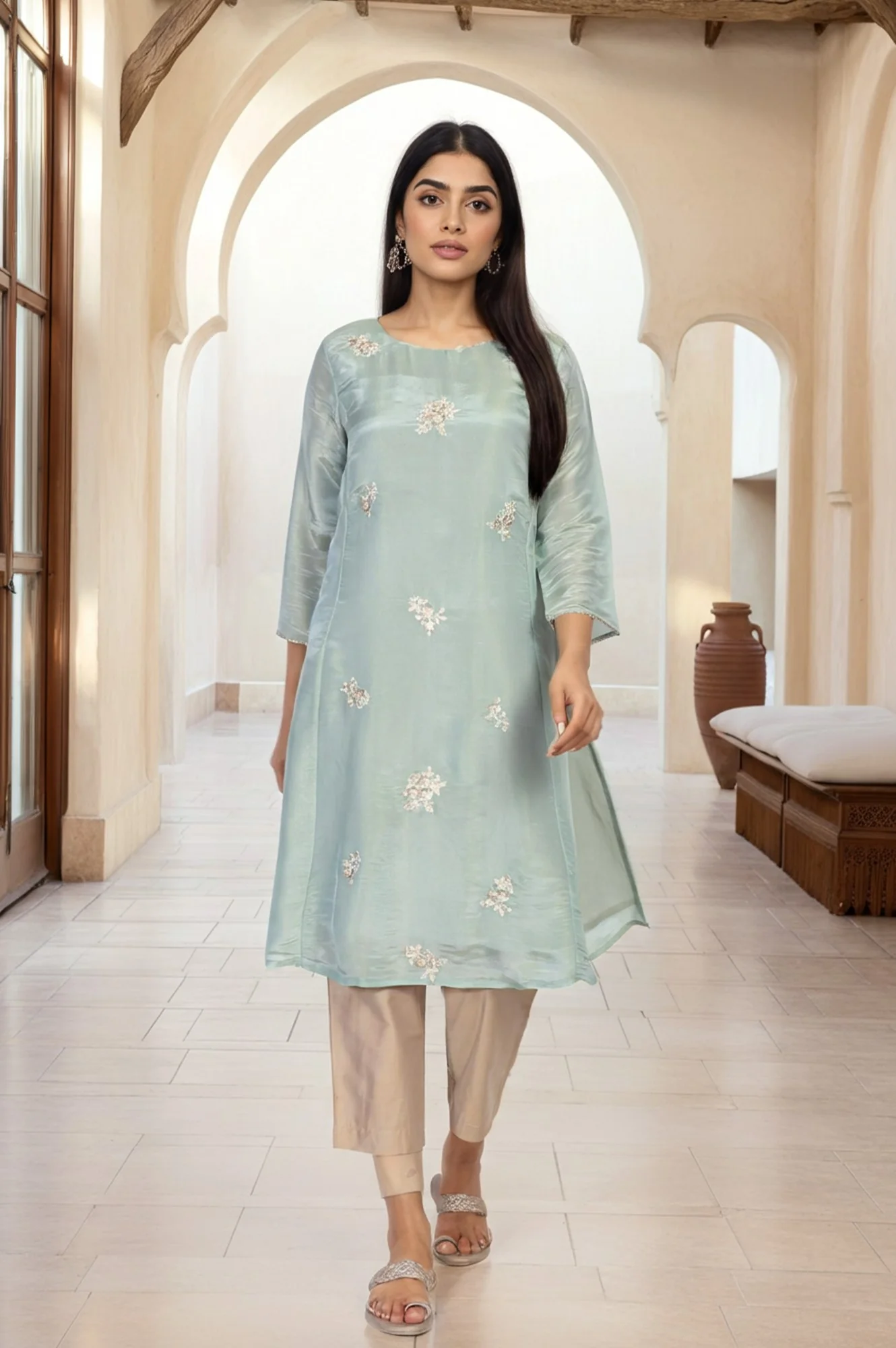 Sea Green Embroidered A-Line Tissue Kurta - Image 2