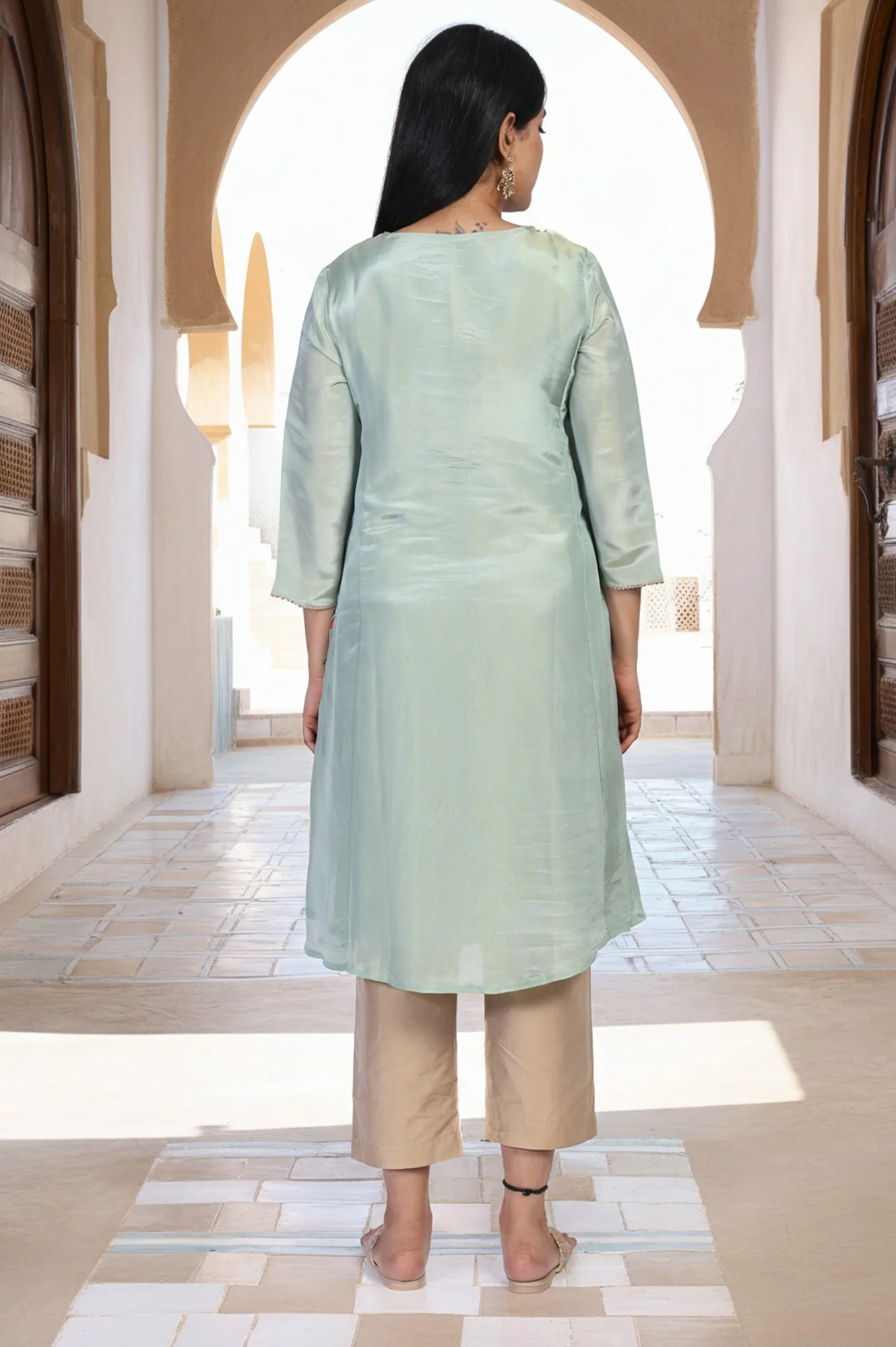 Sea Green Embroidered A-Line Tissue Kurta - Image 5