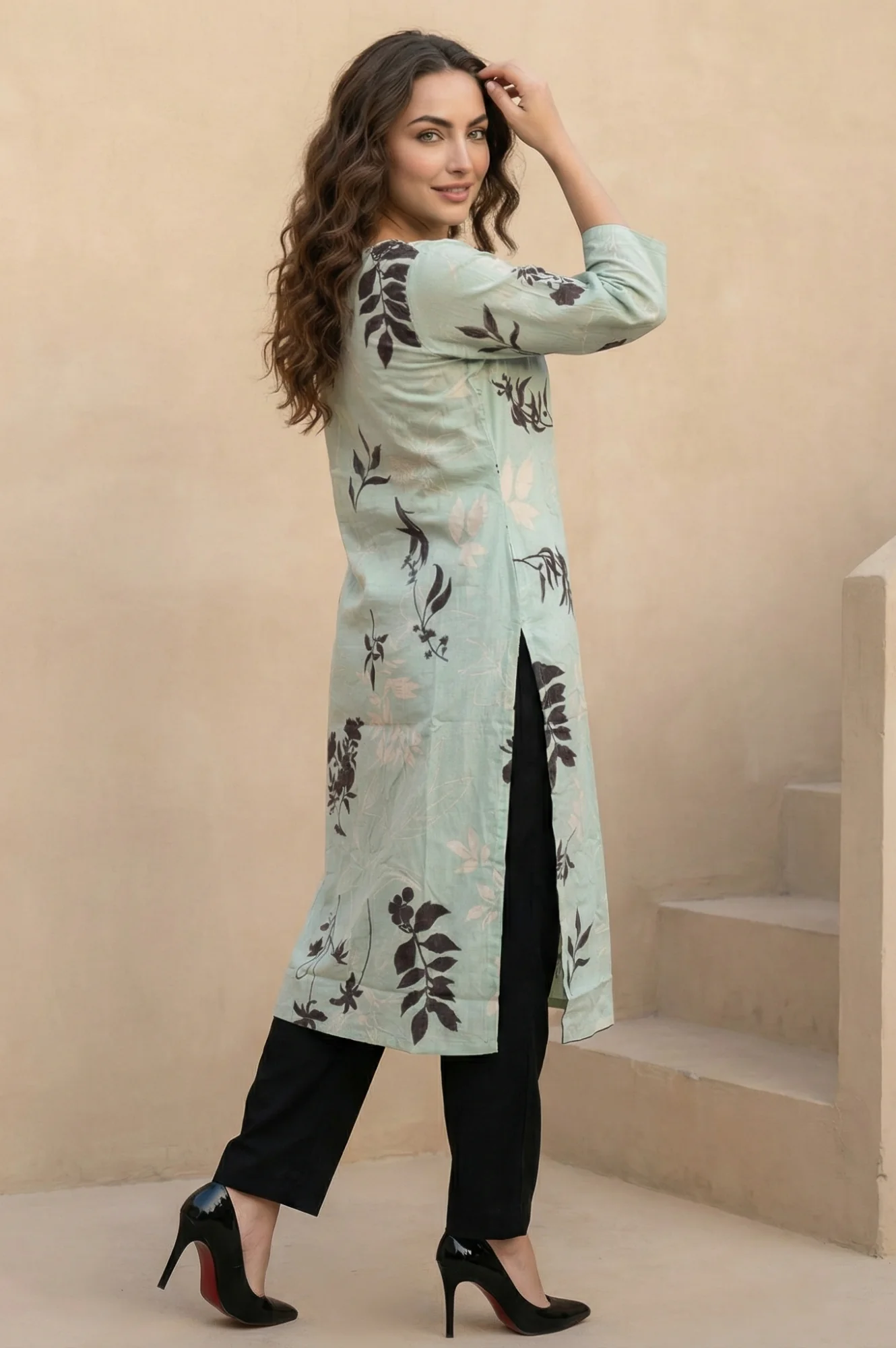 Sea Green Floral Printed Beadwork Straight Kurta - Image 5