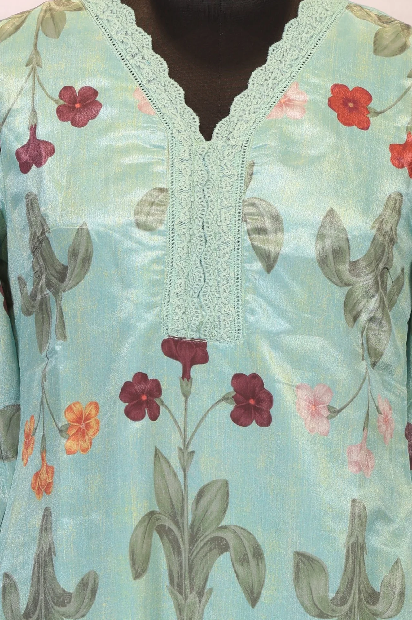 Sea Green Floral Printed Straight Kurta with Lace - Image 2