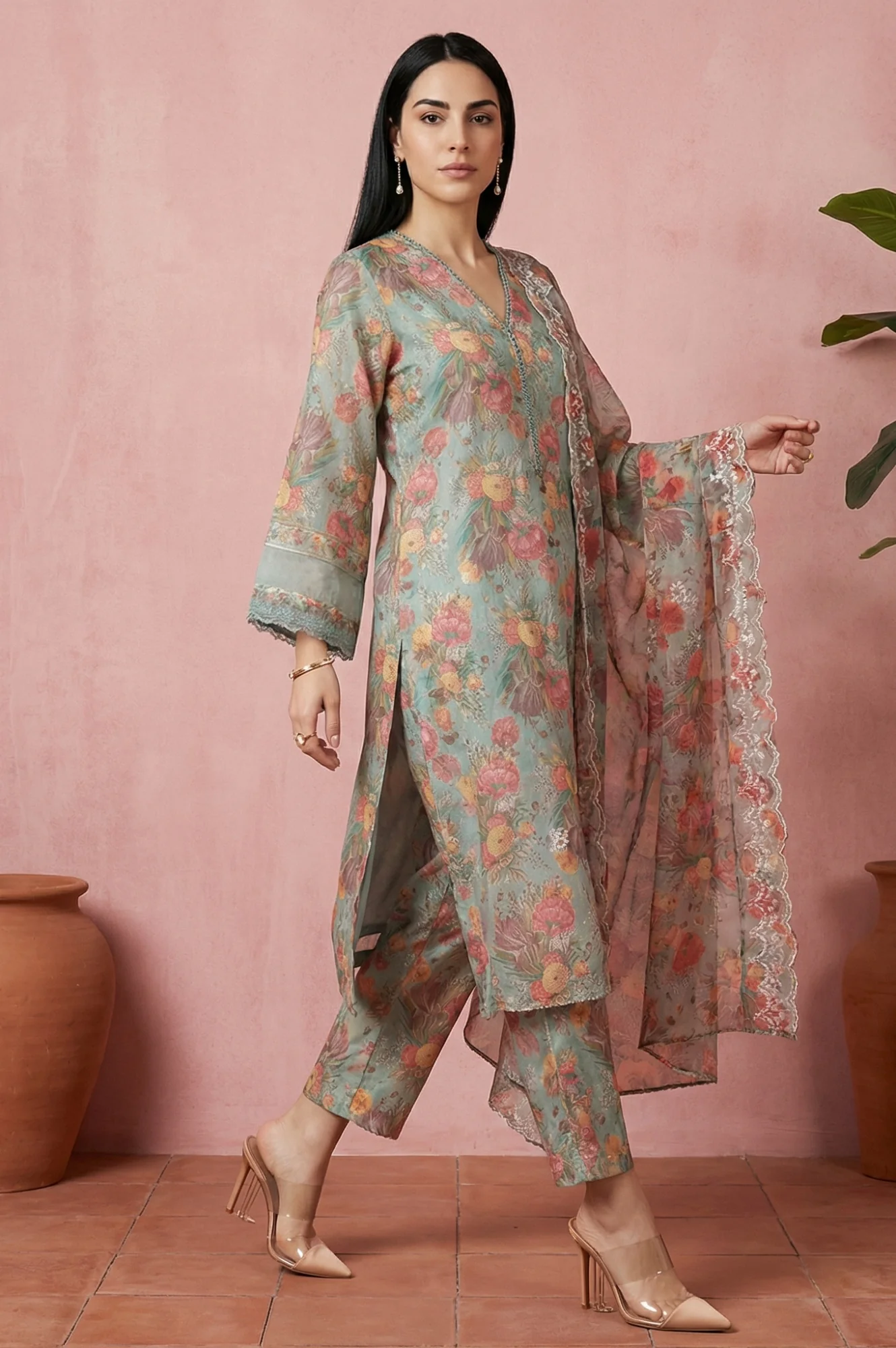 Sea Green Floral Printed Straight Kurta with Flared Pants and Dupatta Set - Image 2
