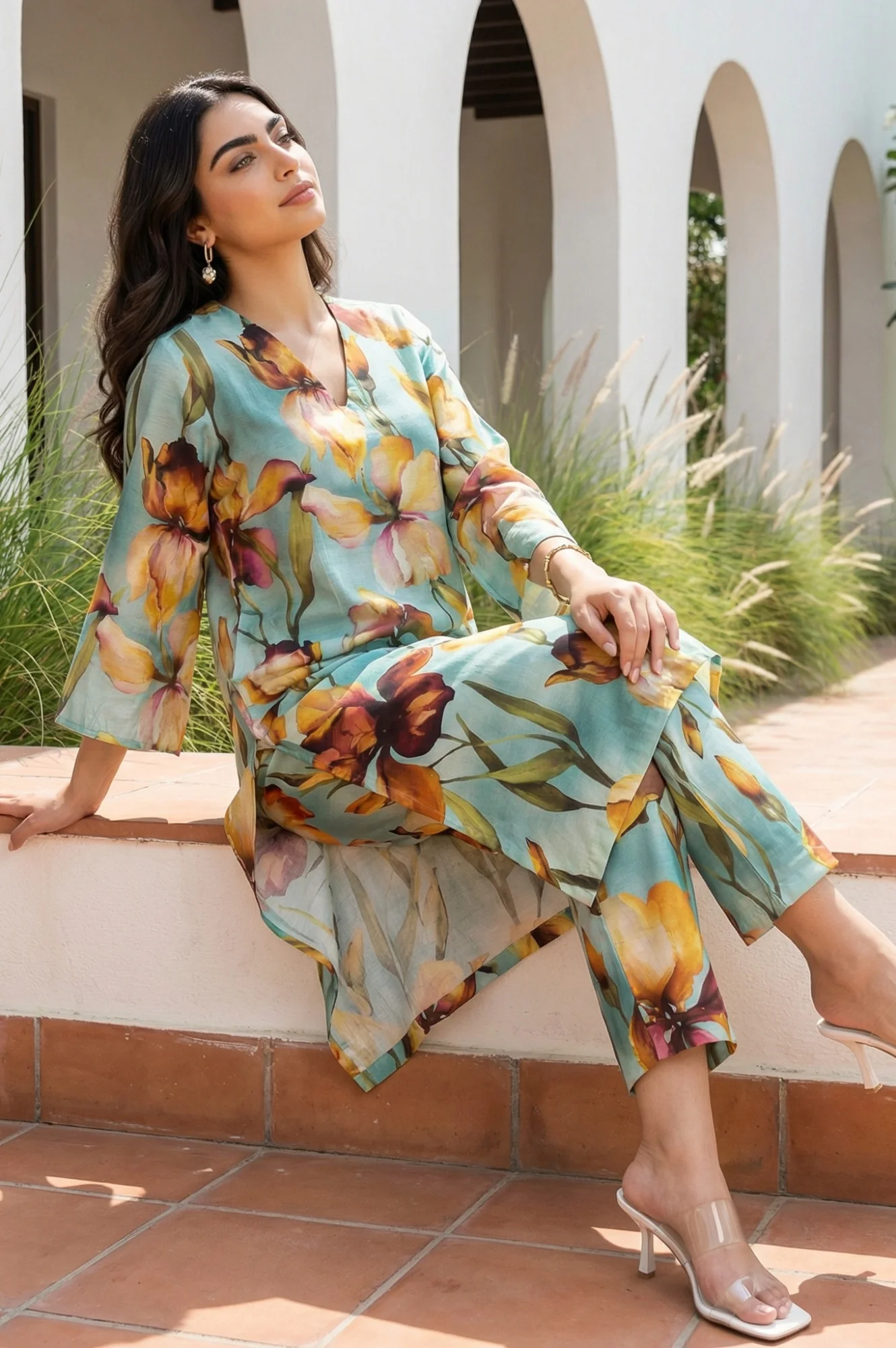 Sea Green Floral Printed Straight Kurta - Image 3
