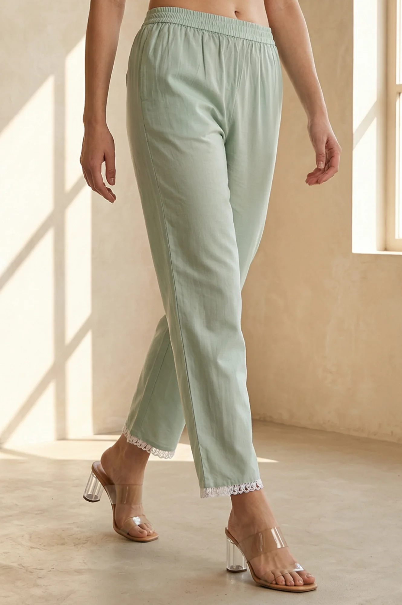 Sea Green Solid Lace Straight Fit Ankle Length Pants