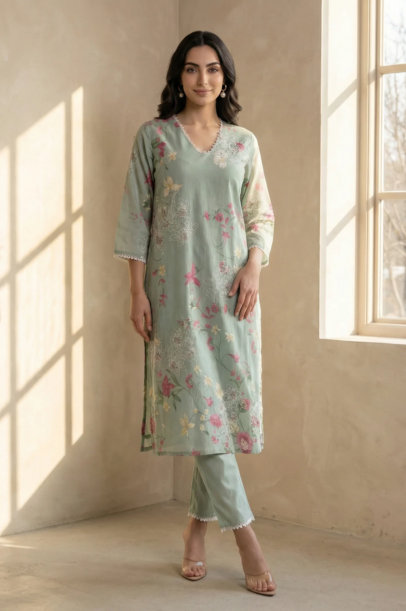 Sea Green Solid Lace Straight Fit Ankle Length Pants - Image 2