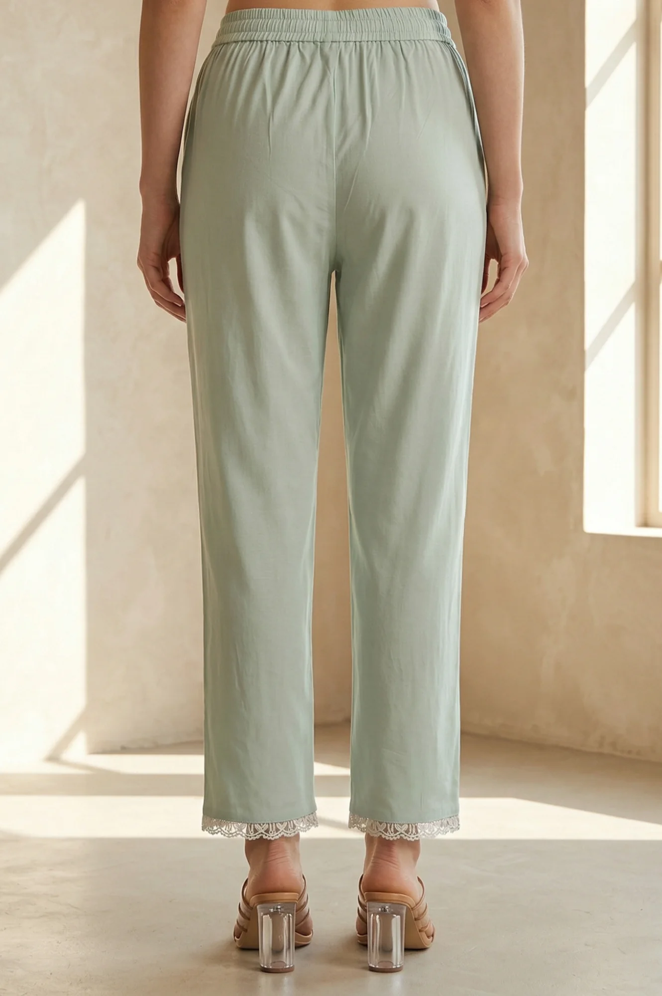 Sea Green Solid Lace Straight Fit Ankle Length Pants - Image 5
