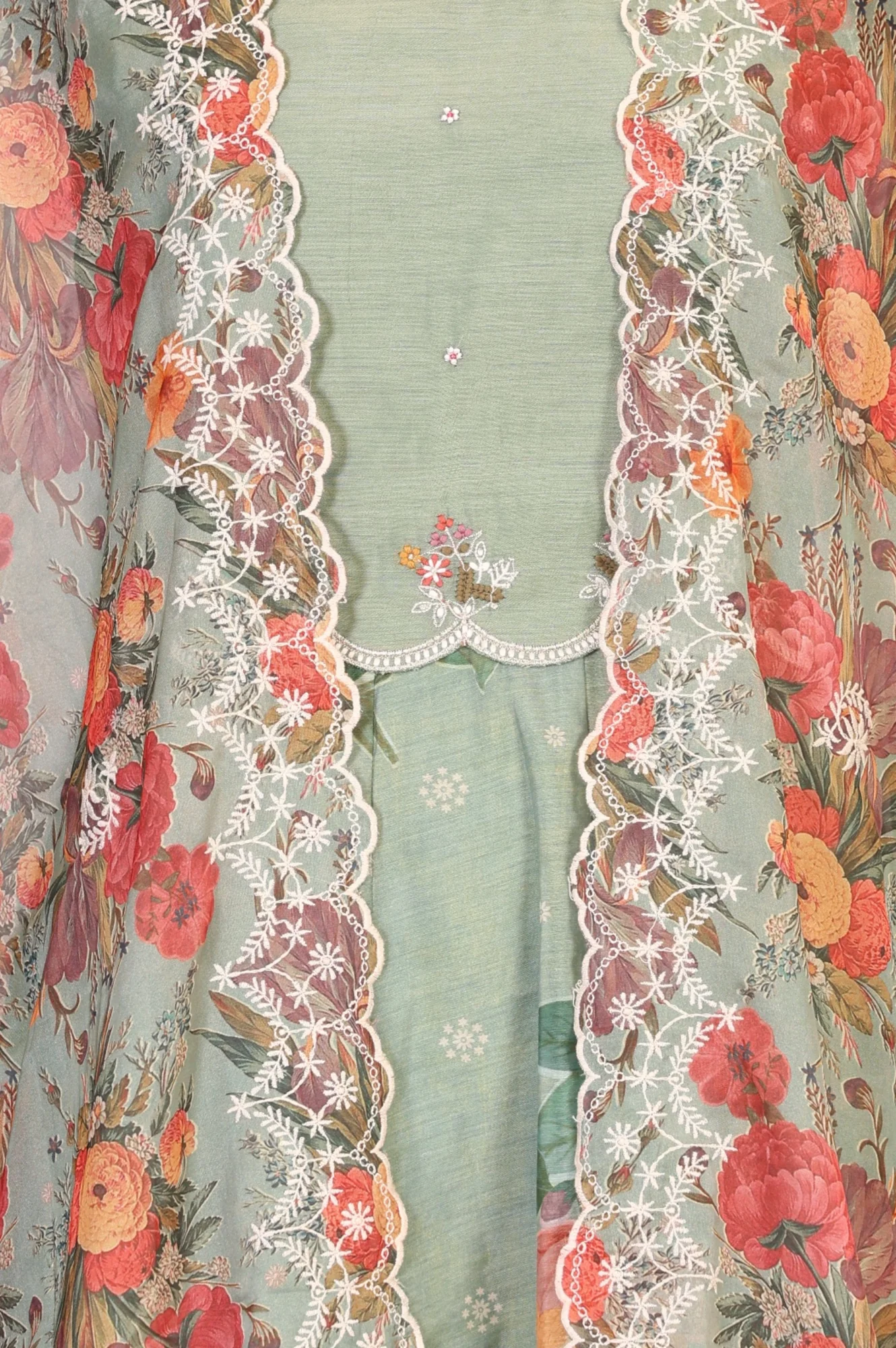 Sea Green Thread Embroidered Chanderi Flared Dress with Floral Printed Cape Set - Image 2