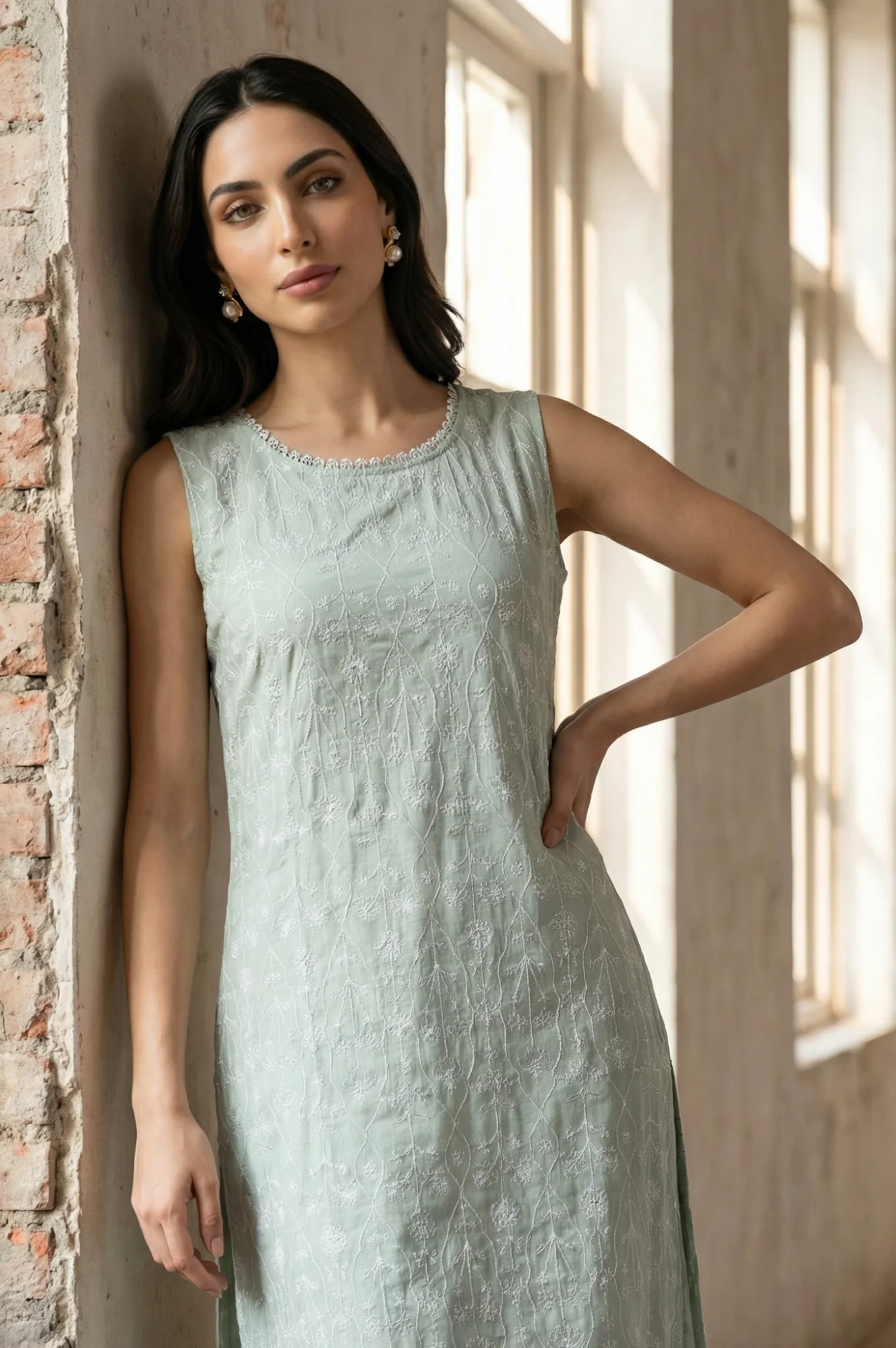 Sea Green Thread Embroidered Rayon Straight Kurta - Image 3