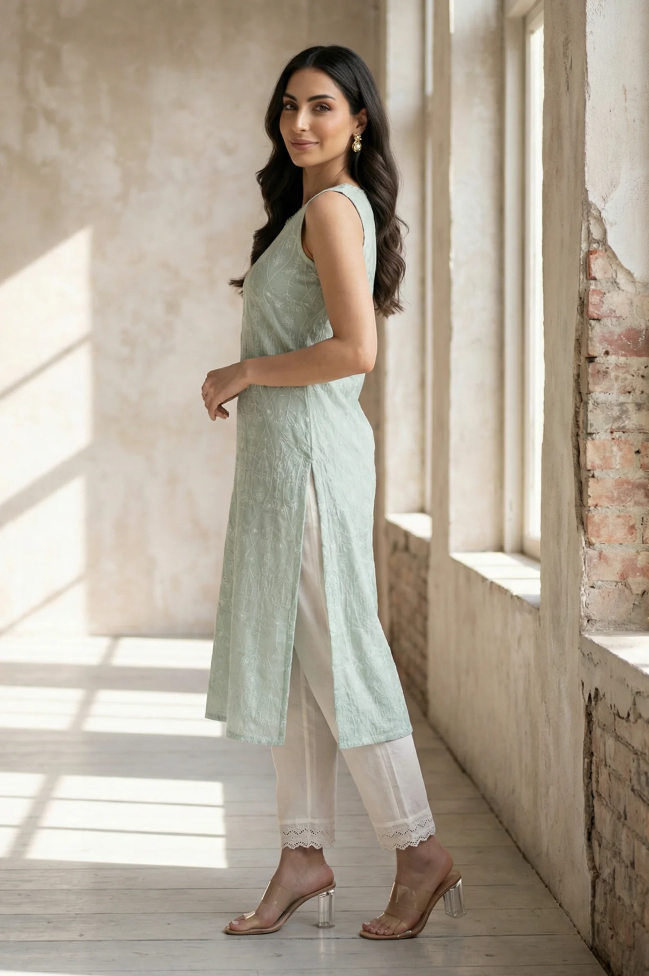 Sea Green Thread Embroidered Rayon Straight Kurta - Image 4