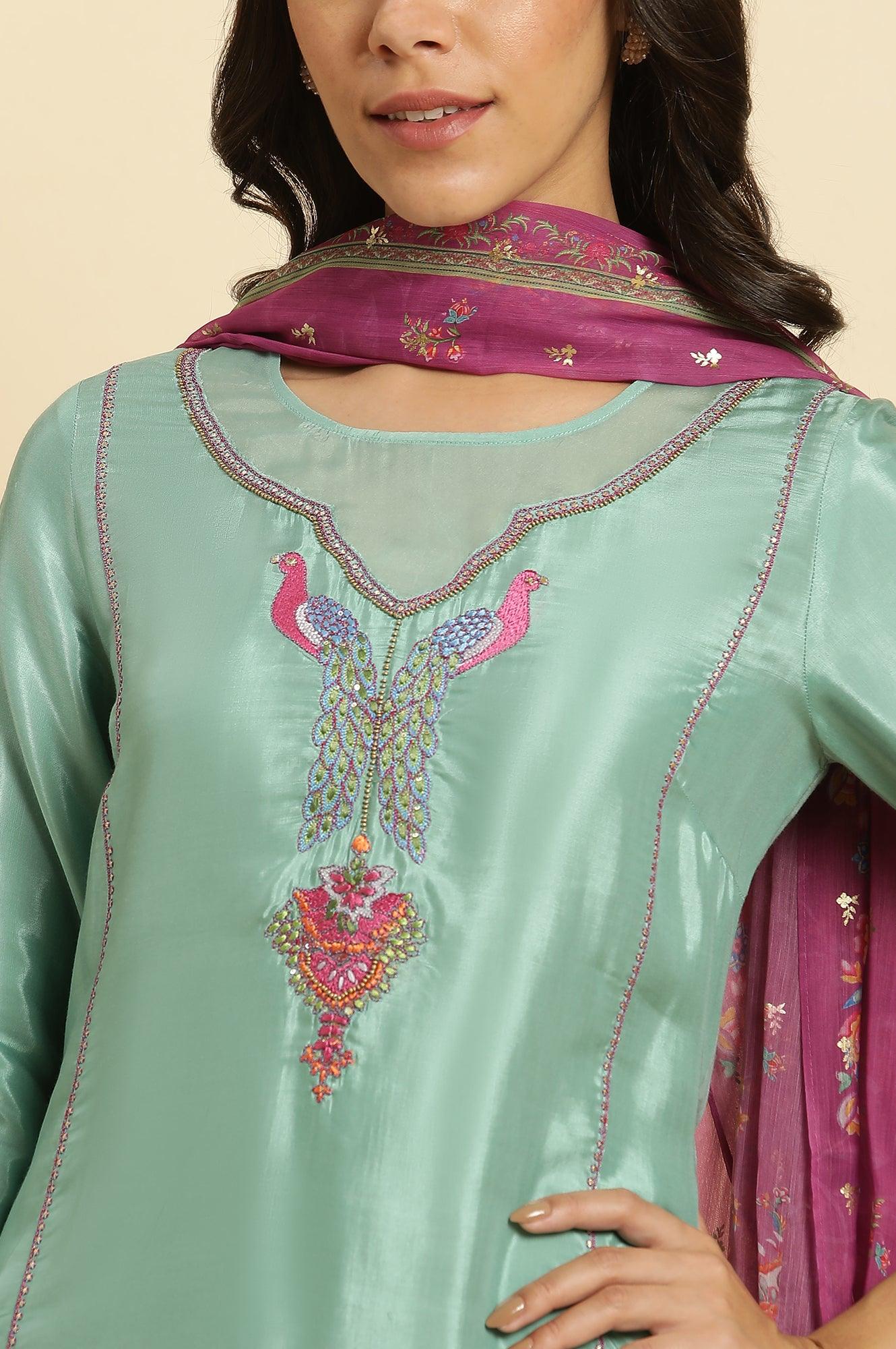 Seas Green Embroidered Kurta, Pants & Dupatta Set - Image 6