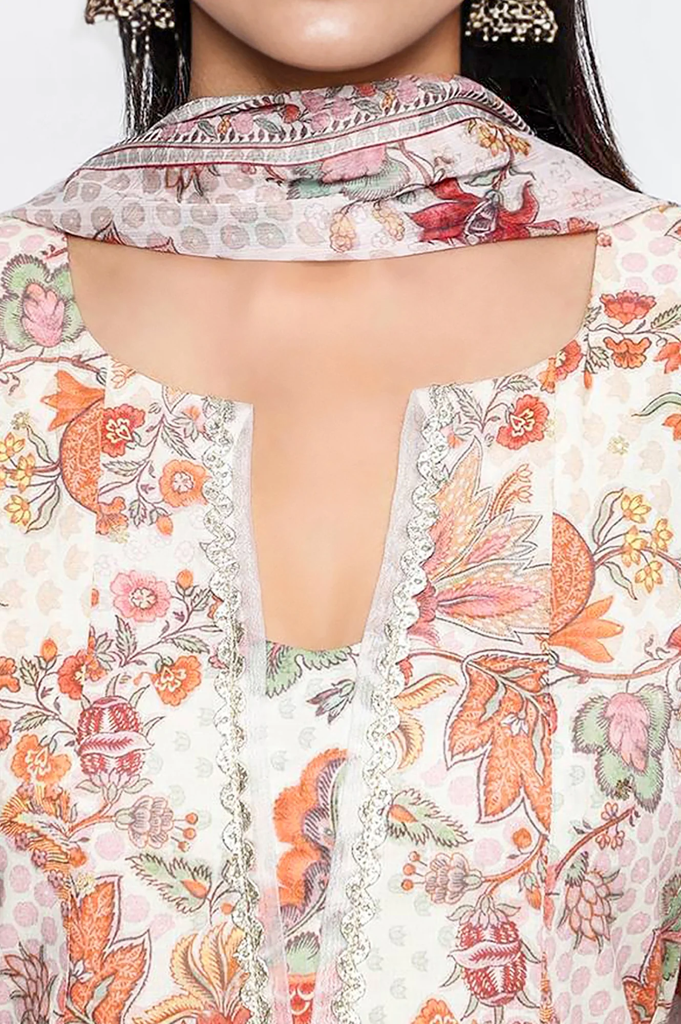 Seashell White Printed Pure Cotton Flared Kurta, Straight Pant and Dupatta Set - Image 2