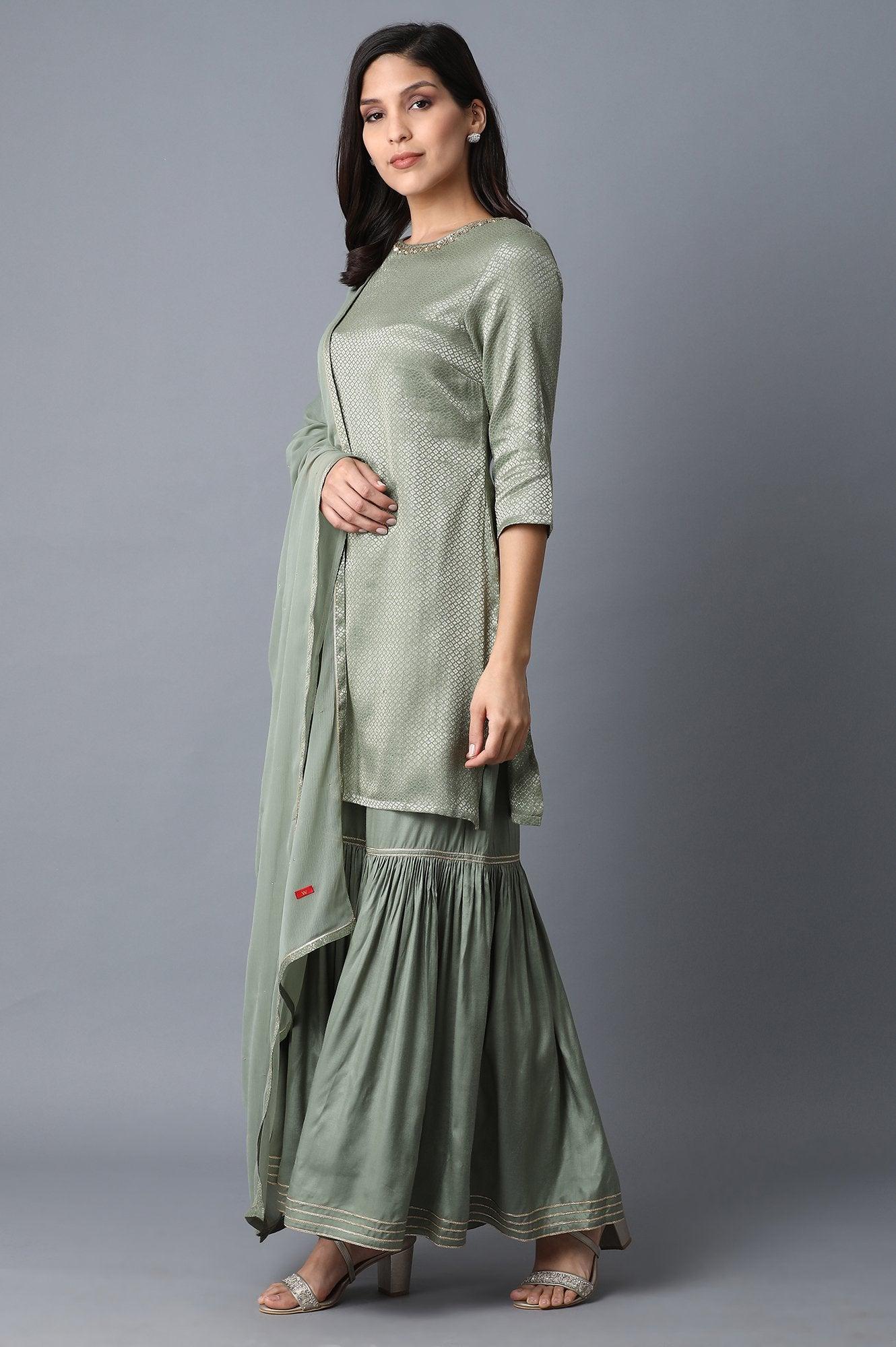 Signature Green kurta-Sharara-Dupatta Set - Image 3