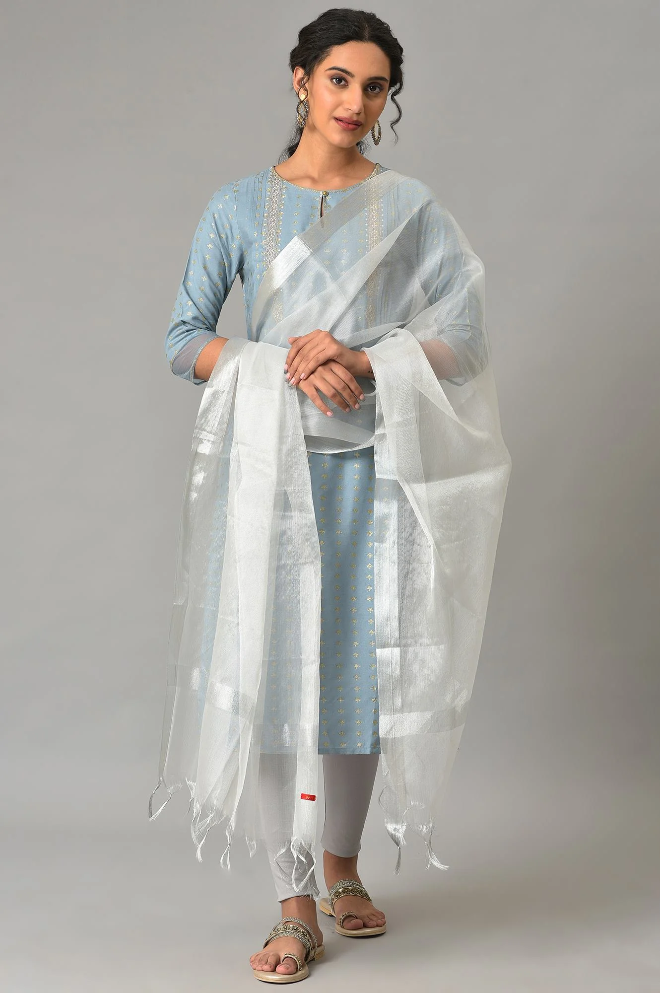 Silver Organza Dupatta With Zari Woven - Image 2