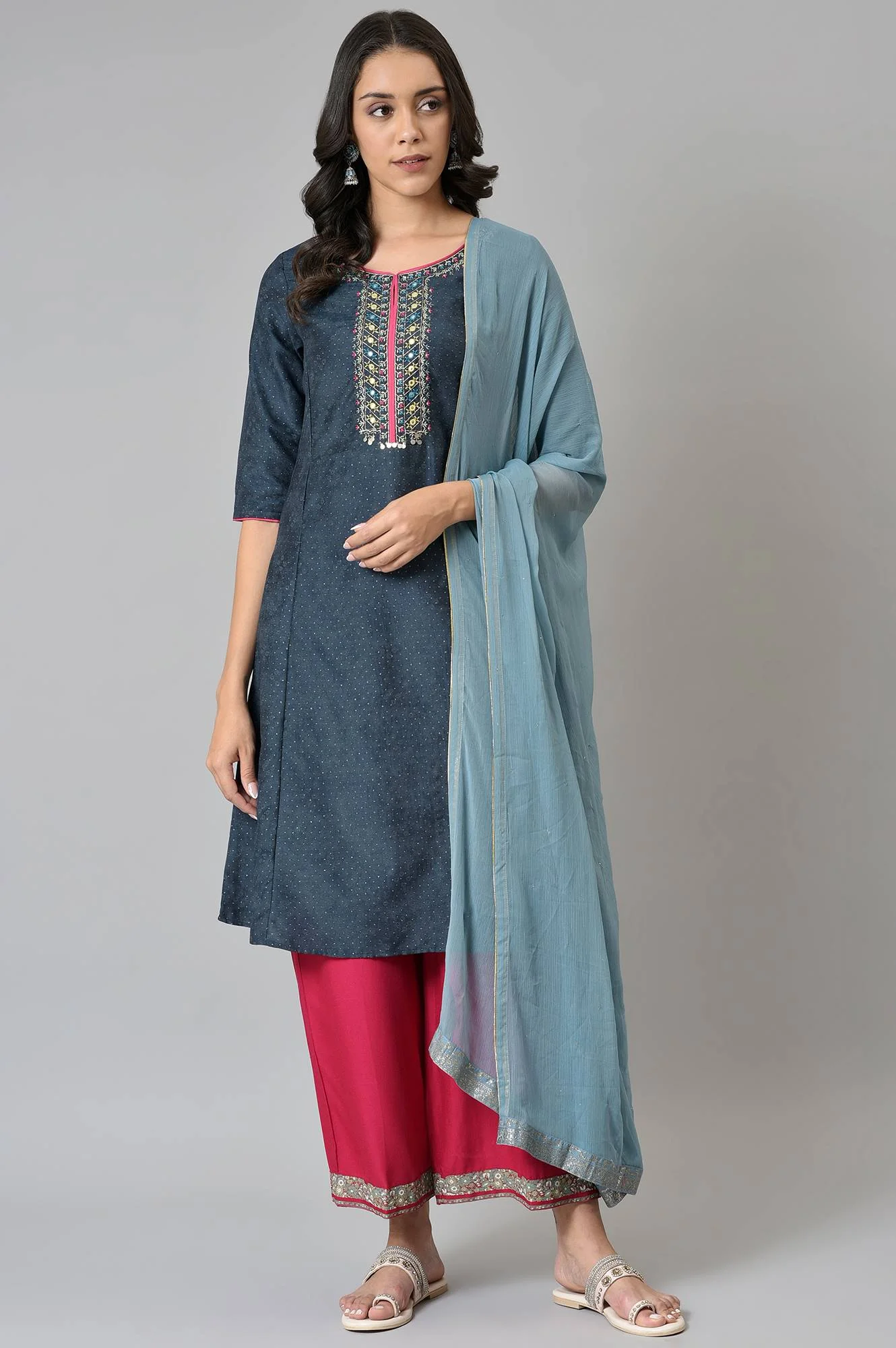 Sky Blue Crinckled Chiffon Dupatta With Mukaish - Image 2