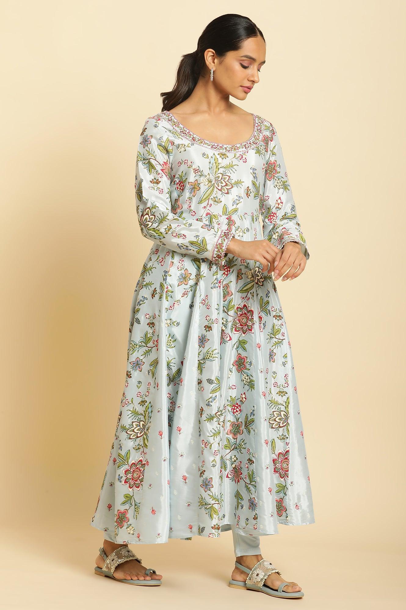 Sky Blue Floral Printed A-Line Kurta, Tights And Dupatta Set - Image 4