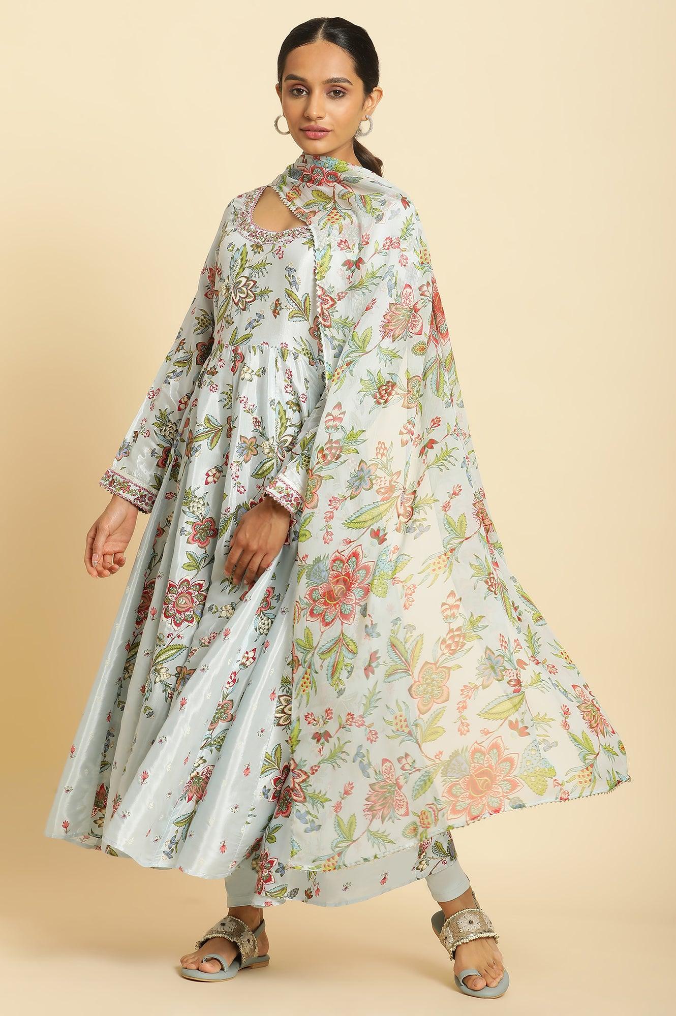 Sky Blue Floral Printed A-Line Kurta, Tights And Dupatta Set - Image 5