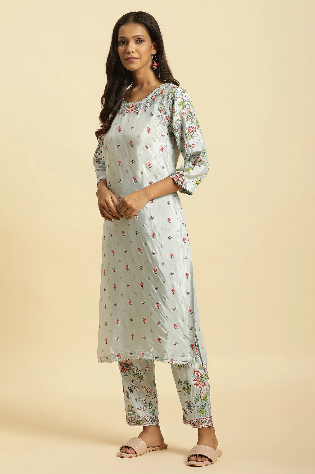 Sky Blue Floral Printed Kurta, Pants And Dupatta Set - Image 3