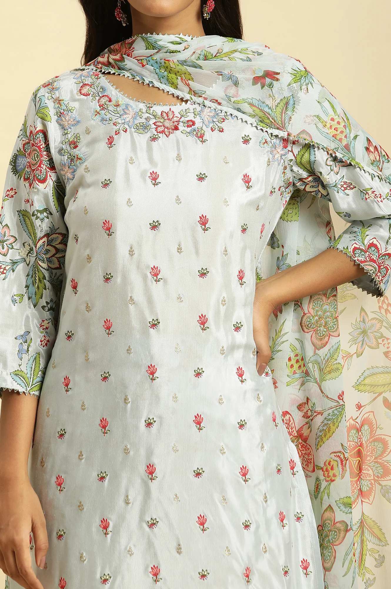 Sky Blue Floral Printed Kurta, Pants And Dupatta Set - Image 6