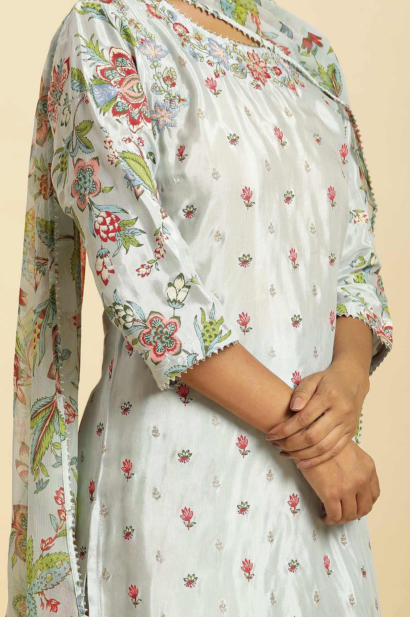 Sky Blue Floral Printed Kurta, Pants And Dupatta Set - Image 8