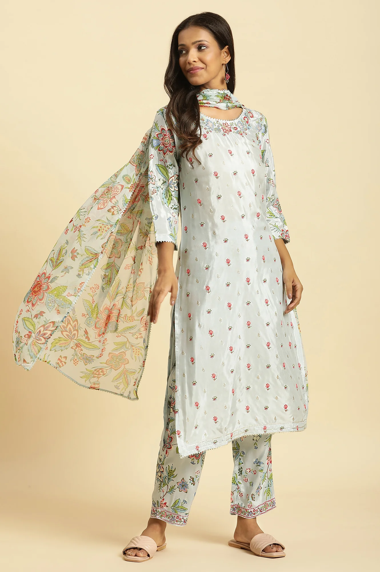 Sky Blue Floral Printed Kurta, Pants And Dupatta Set - Image 2