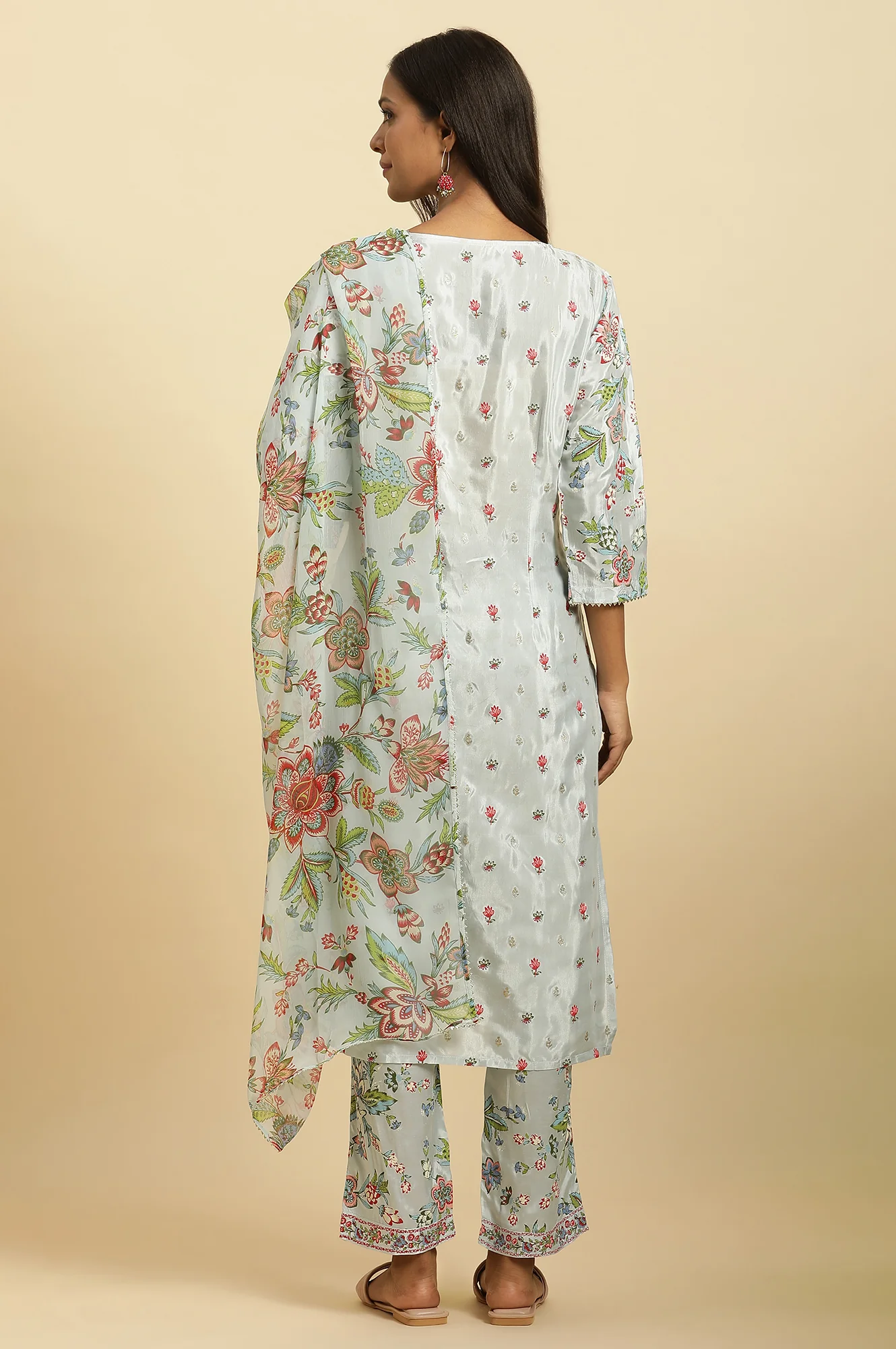 Sky Blue Floral Printed Kurta, Pants And Dupatta Set - Image 4