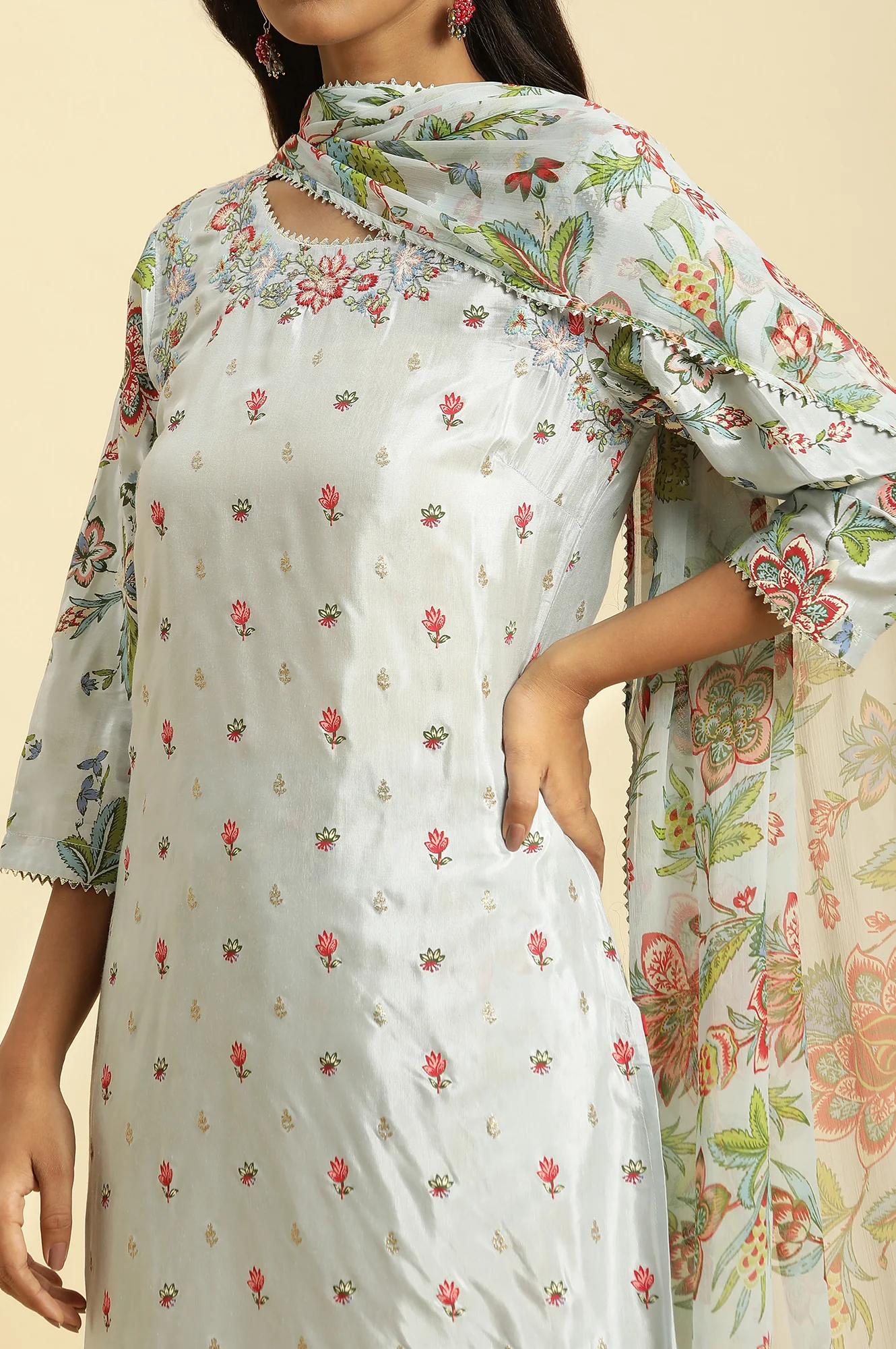 Sky Blue Floral Printed Kurta, Pants And Dupatta Set - Image 7